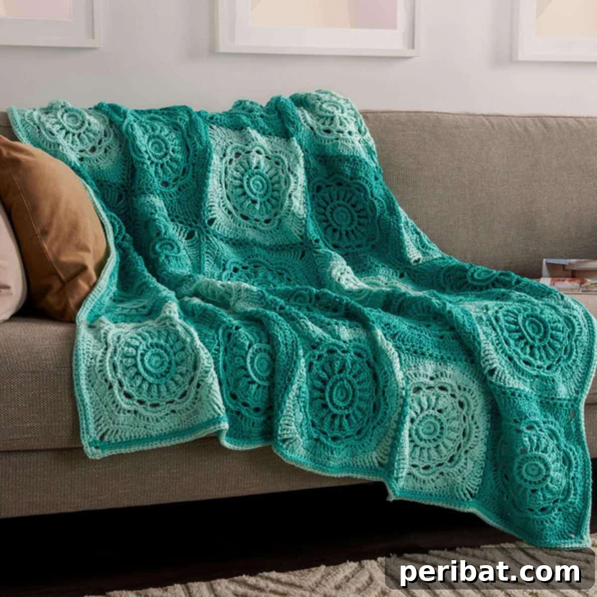 A luxurious Red Heart Crochet Floral Beauty Throw Blanket, adorned with intricate floral motifs.