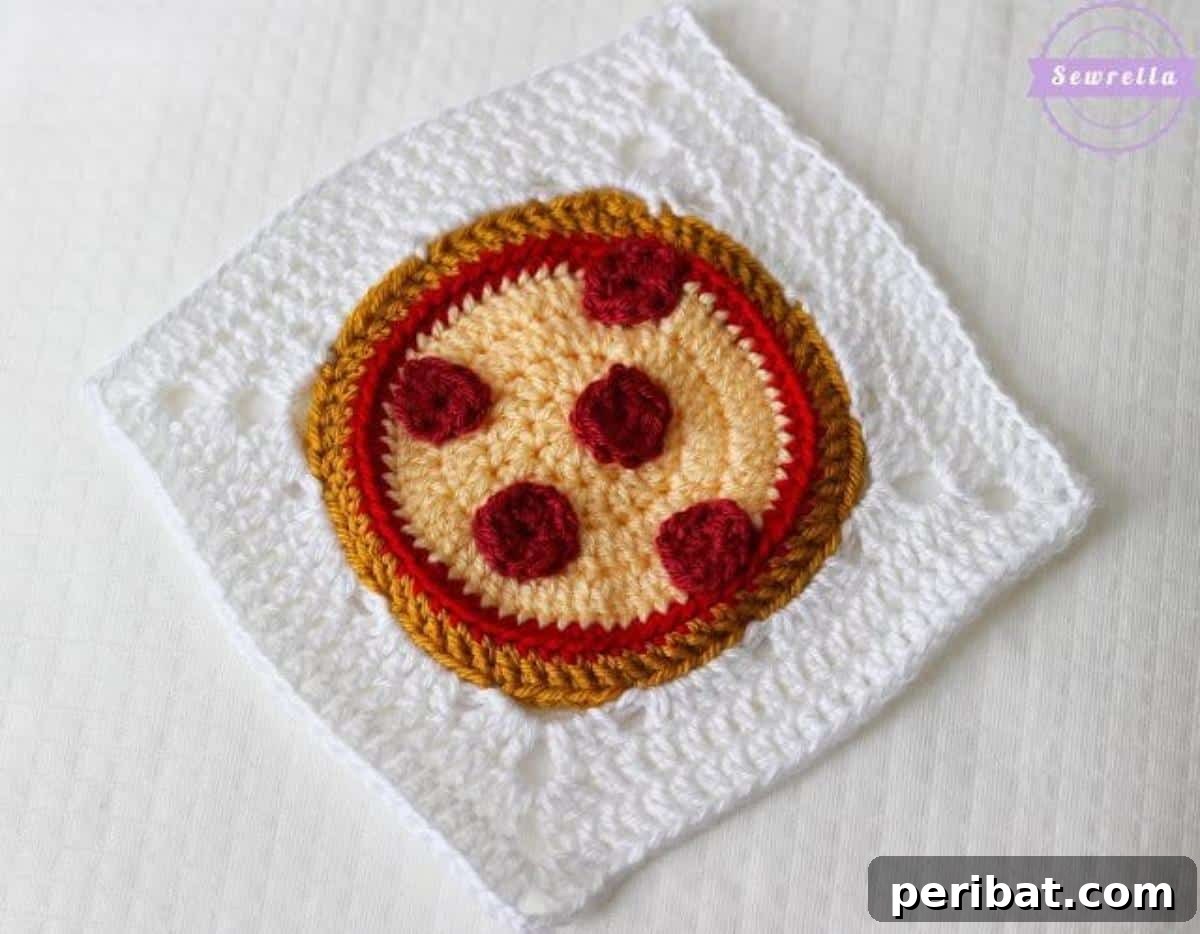 A humorous Pizza Pie Crochet Granny Square, complete with pepperoni, cheese, and crust details.