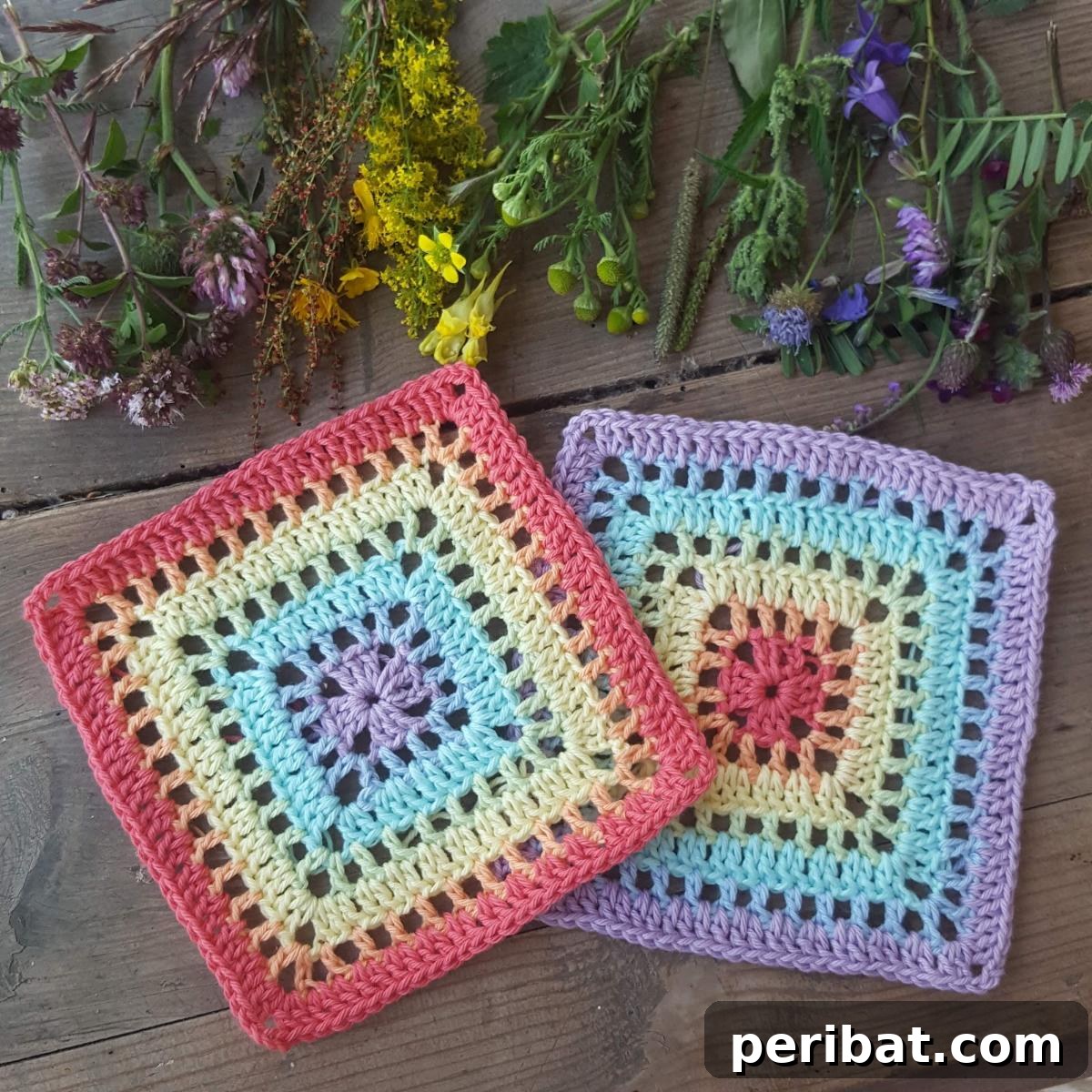 A collection of Simple Granny Squares, featuring squares within squares in varied color combinations.