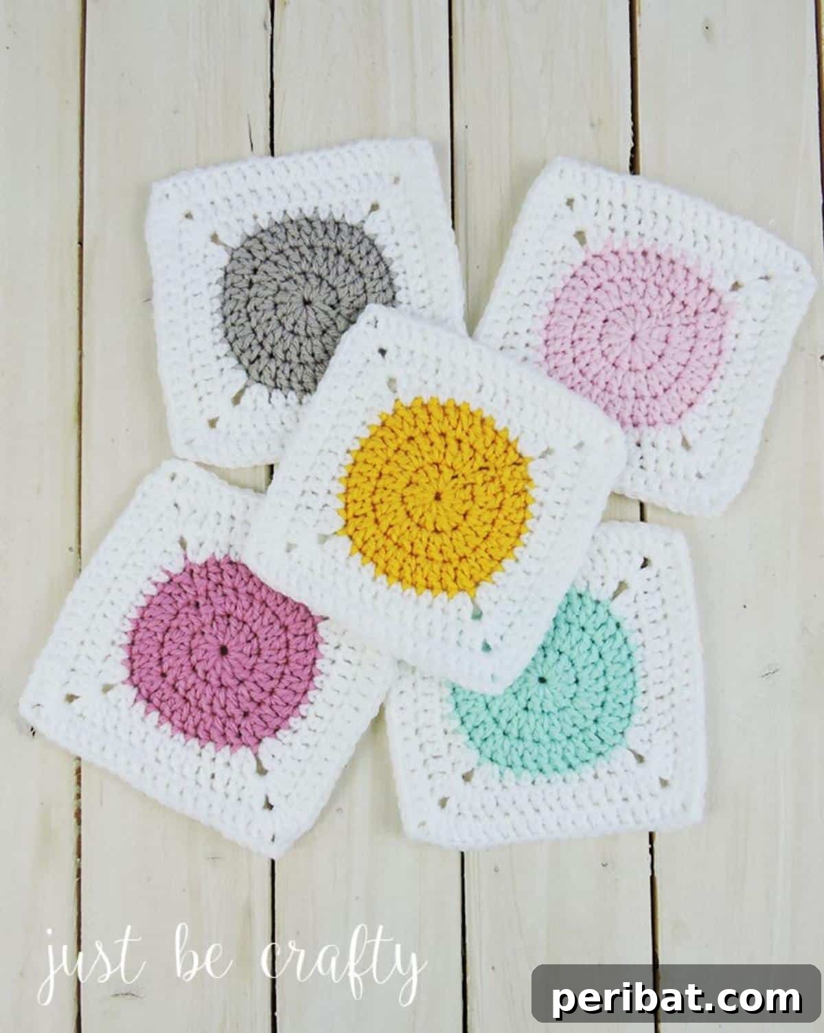 A clear Circle to Square Granny Square Tutorial, featuring soft pastel colors.