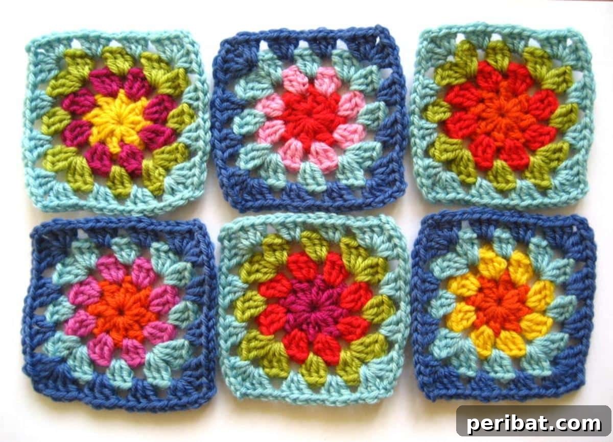 A vibrant Summer Garden Granny Square, bursting with bold floral colors.