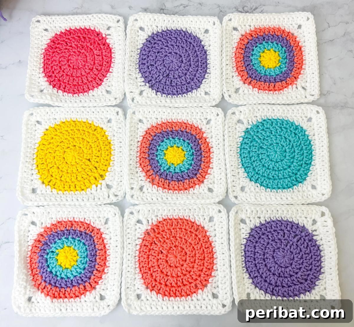 A set of colorful Crochet Circle Granny Squares, showcasing circular centers within square frames.