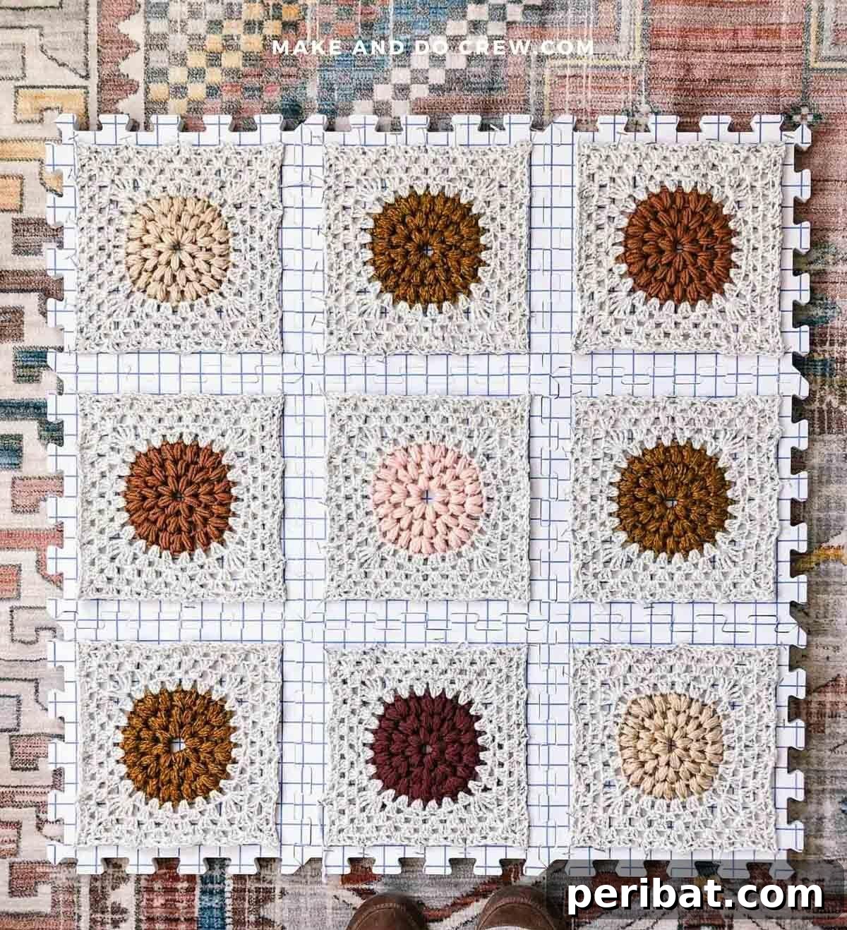 A demonstration of how to turn a Crochet Circle into a Granny Square, featuring a vibrant multi-colored design.