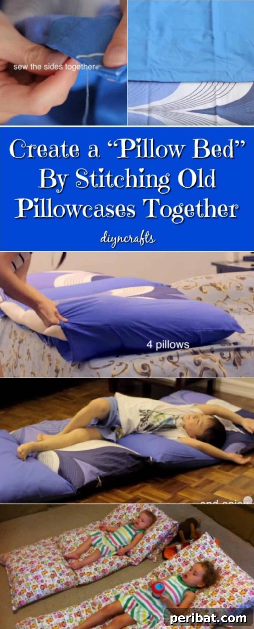 Craft a Cozy Pillow Bed from Repurposed Pillowcases 2 DIY Pillow Bed made from stitched old pillowcases, creating a cozy floor lounging space for children