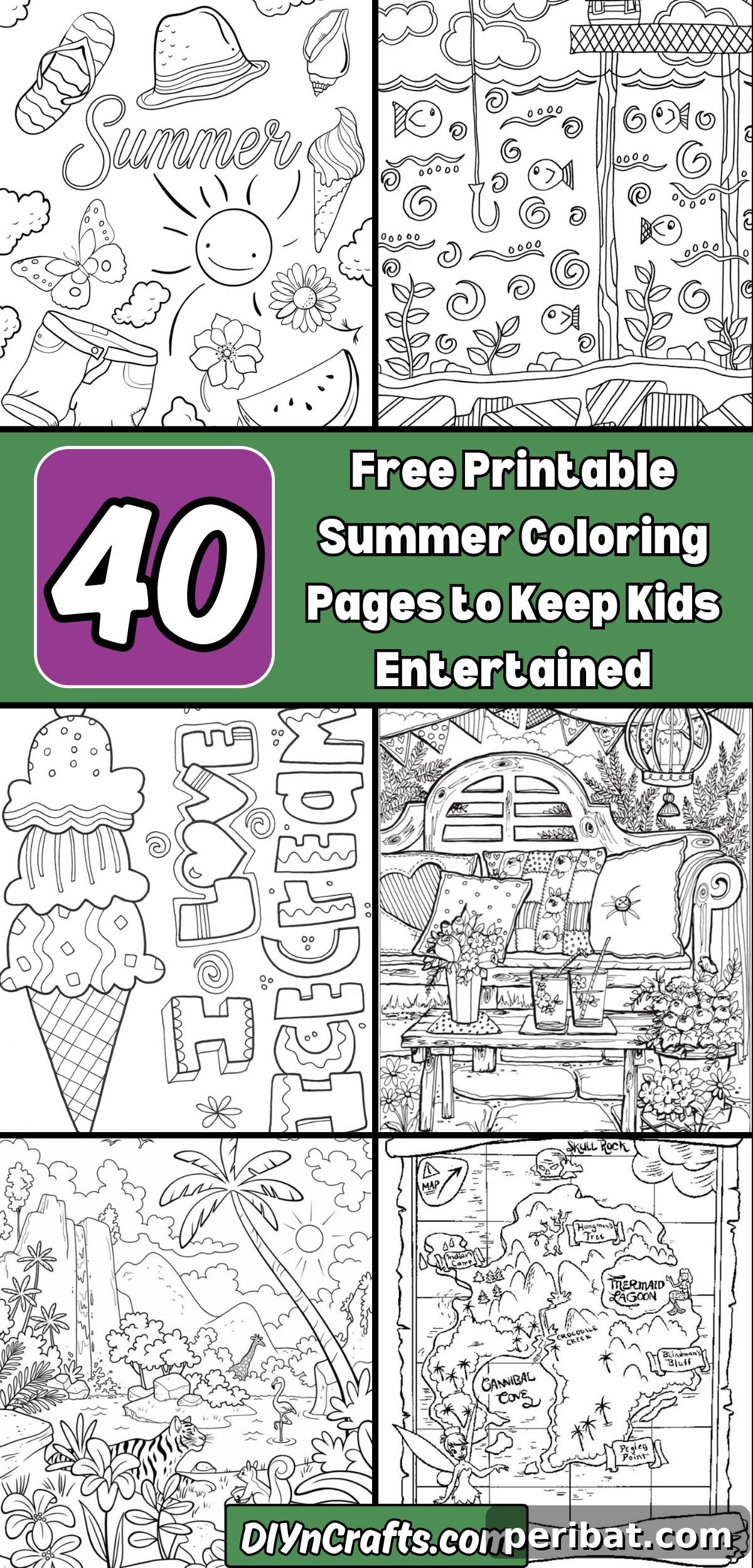 Splash into Summer: 40 Free Printable Coloring Pages for Kids 2 40 Free Printable Summer Coloring Pages to Keep Kids Entertained collage. A vibrant collage featuring various summer-themed coloring pages, including beaches, ice cream, animals, and patriotic designs, all perfect for children's creative fun during the summer months.