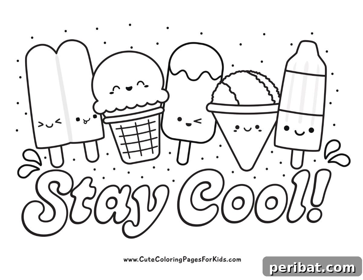 Splash into Summer: 40 Free Printable Coloring Pages for Kids 14 Stay Cool Ice Cream Coloring Page featuring a delicious ice cream cone.
