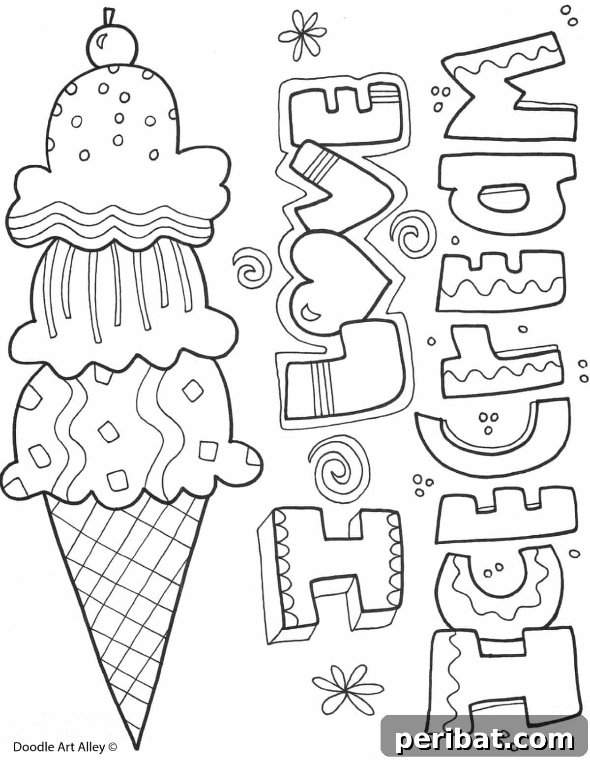 Splash into Summer: 40 Free Printable Coloring Pages for Kids 16 I Love Ice Cream Coloring Page with multiple ice cream treats.