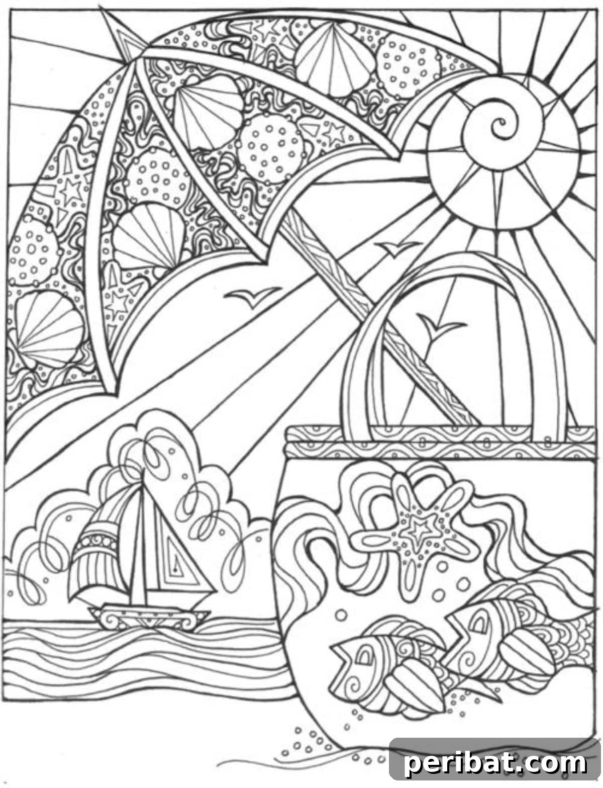 Splash into Summer: 40 Free Printable Coloring Pages for Kids 18 Summer Escape Beach Umbrella Coloring Page with a large umbrella.