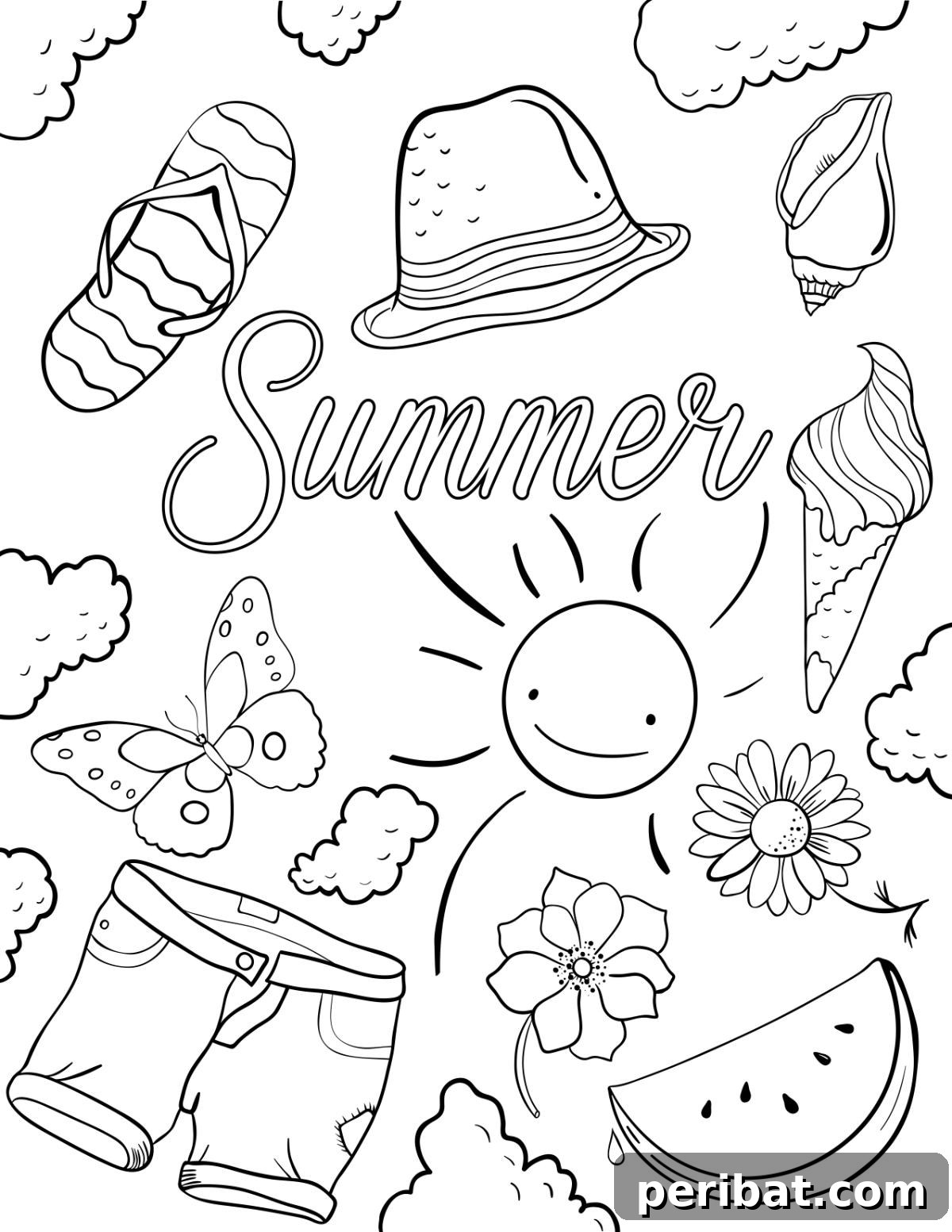 Splash into Summer: 40 Free Printable Coloring Pages for Kids 21 Summer Festive Coloring Page with various celebratory items.