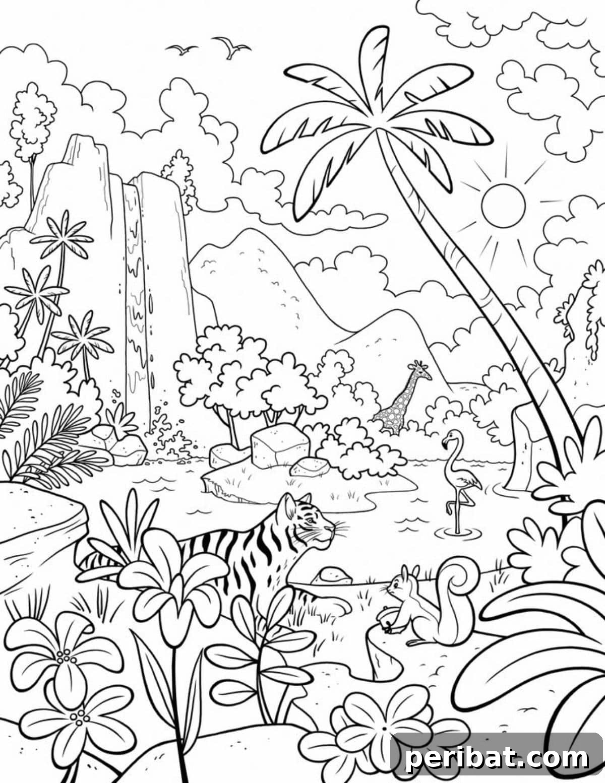Splash into Summer: 40 Free Printable Coloring Pages for Kids 22 Tropical Jungle Coloring Page teeming with exotic plants and animals.