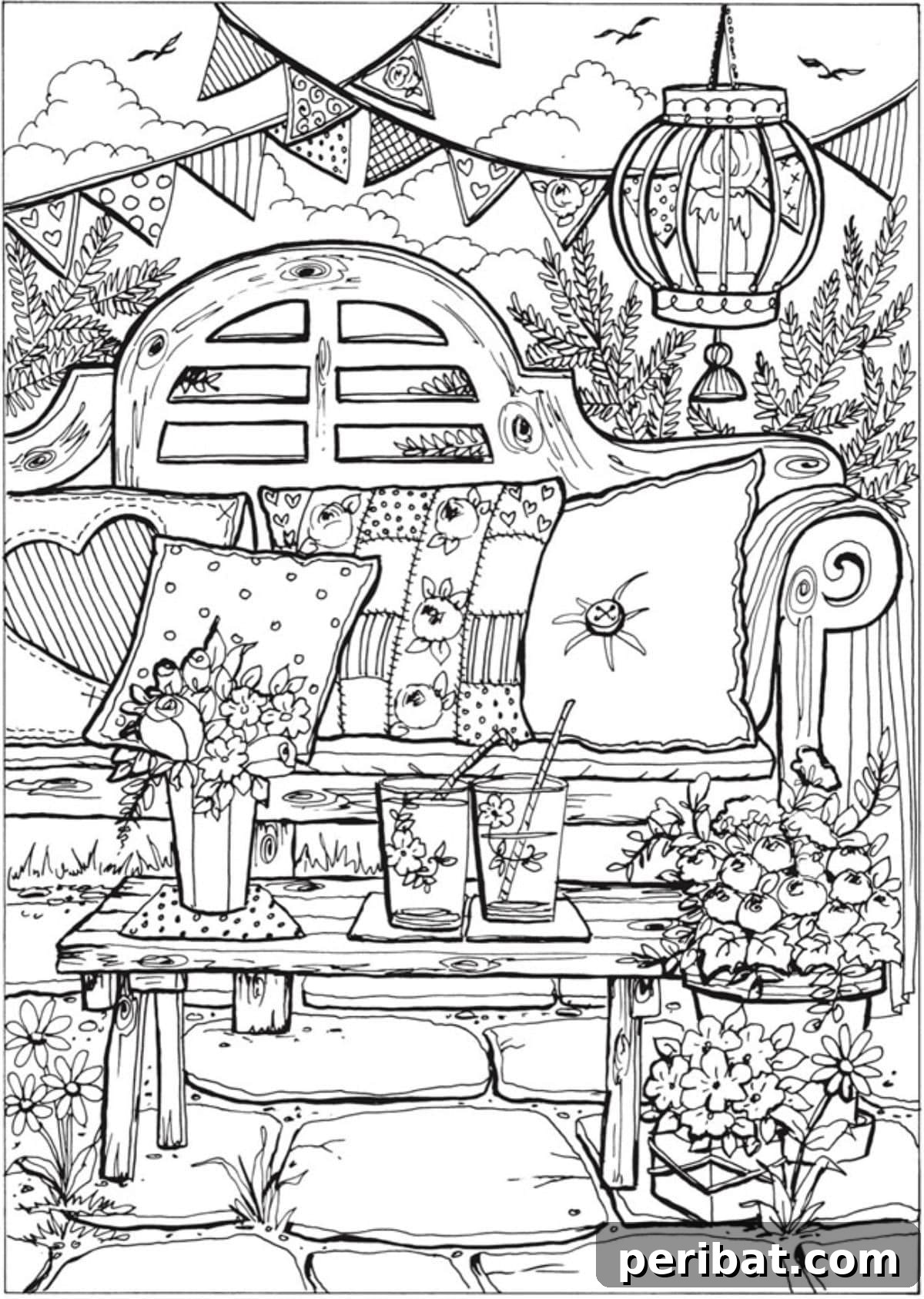 Splash into Summer: 40 Free Printable Coloring Pages for Kids 23 Summer Picnic Coloring Page with a blanket, food, and pets.