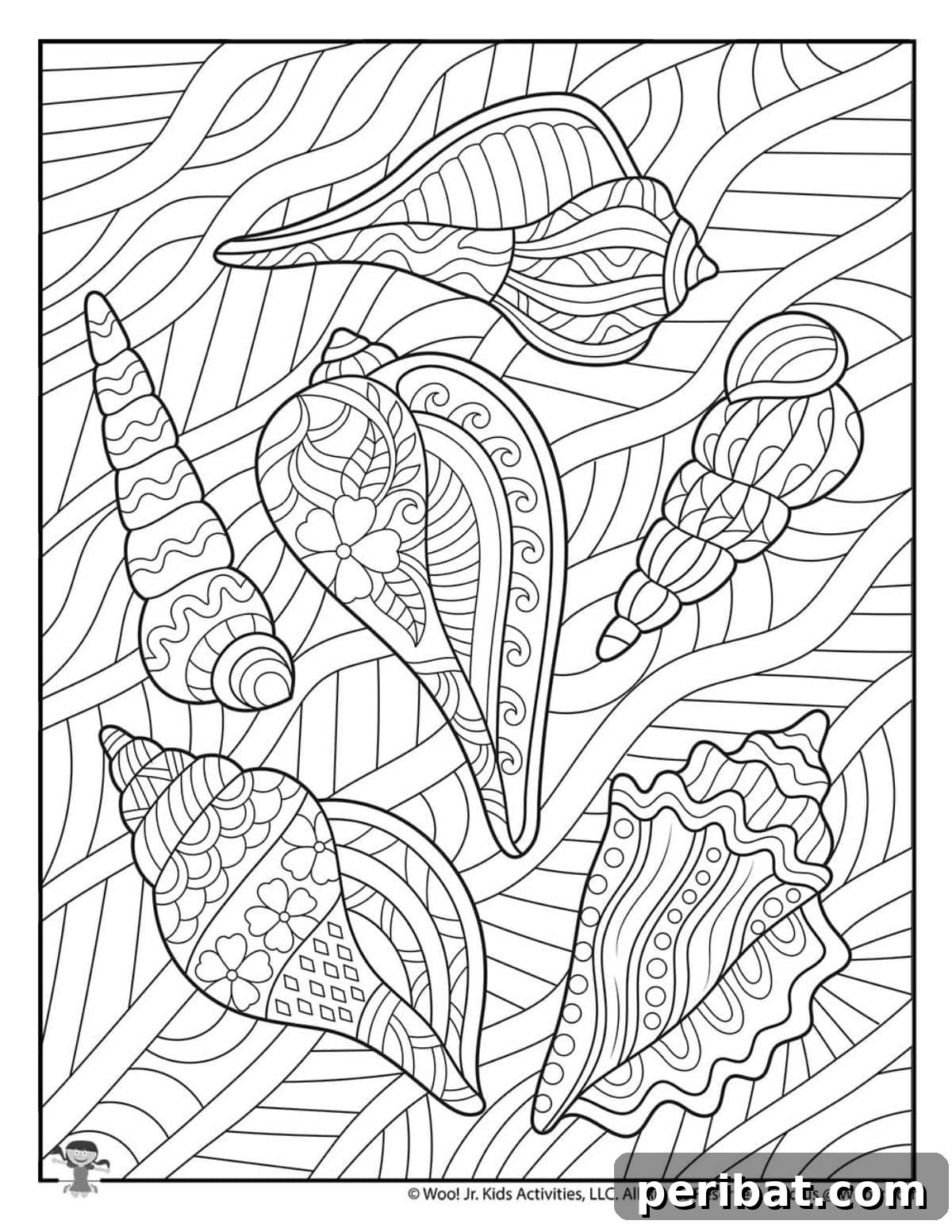 Splash into Summer: 40 Free Printable Coloring Pages for Kids 25 Intricate Seashell Coloring Page with detailed shell patterns.