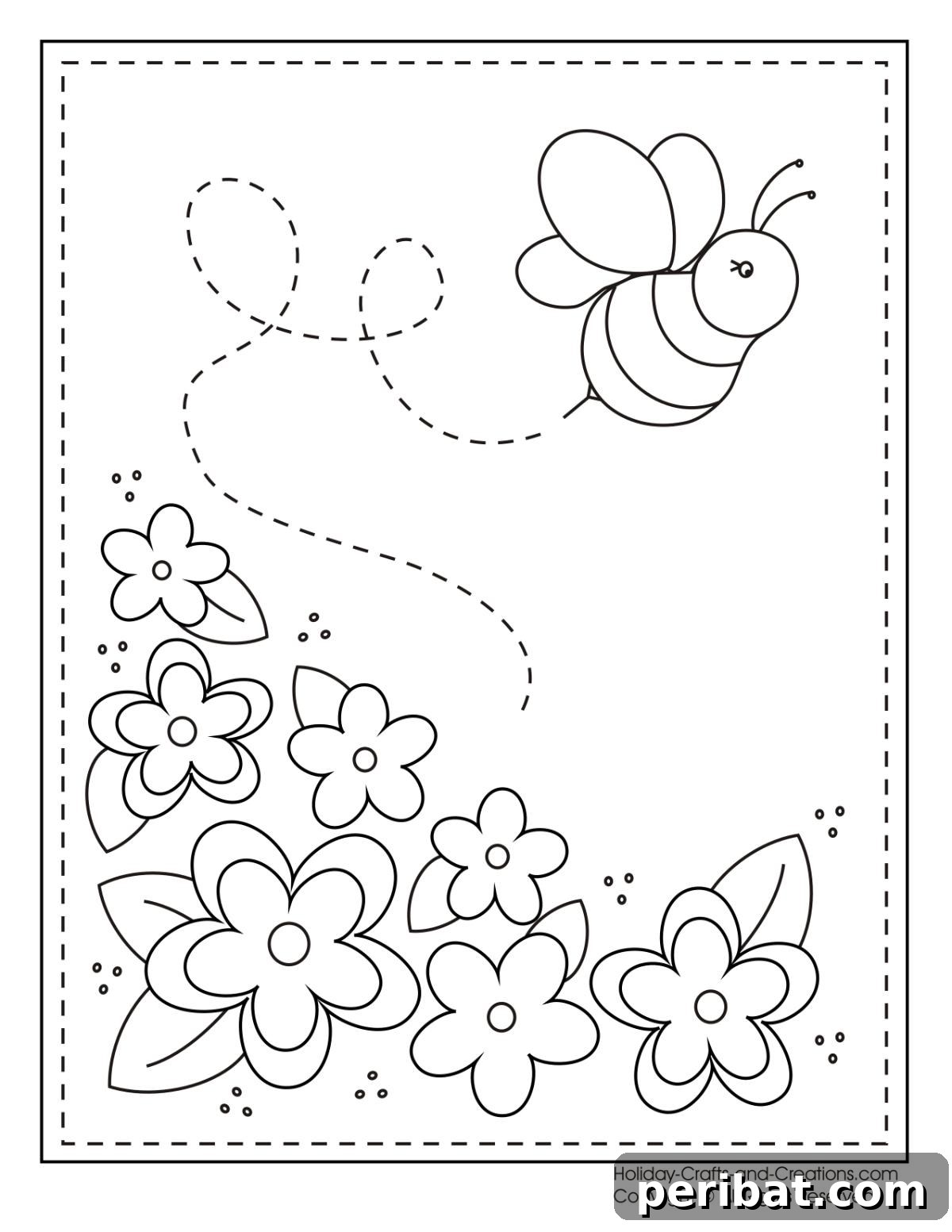 Splash into Summer: 40 Free Printable Coloring Pages for Kids 26 Bumble Bee Coloring Page with a busy bee and flowers.