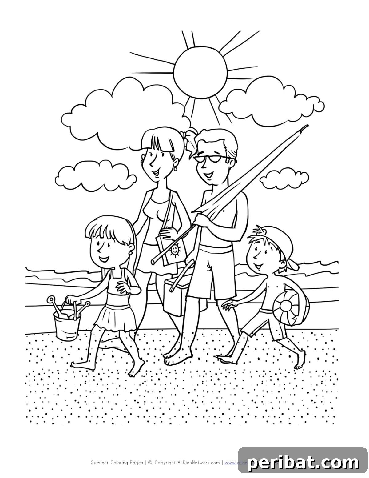 Splash into Summer: 40 Free Printable Coloring Pages for Kids 28 Beach Vacation Coloring Page with a full beach scene.