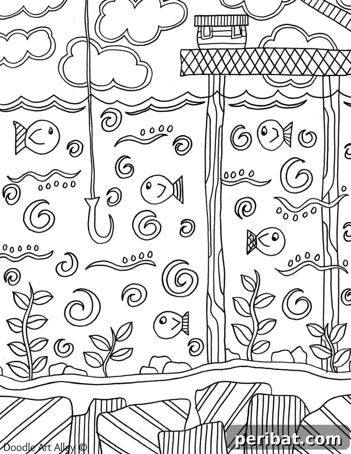 Splash into Summer: 40 Free Printable Coloring Pages for Kids 29 Fishing Coloring Page with a person fishing by the water.