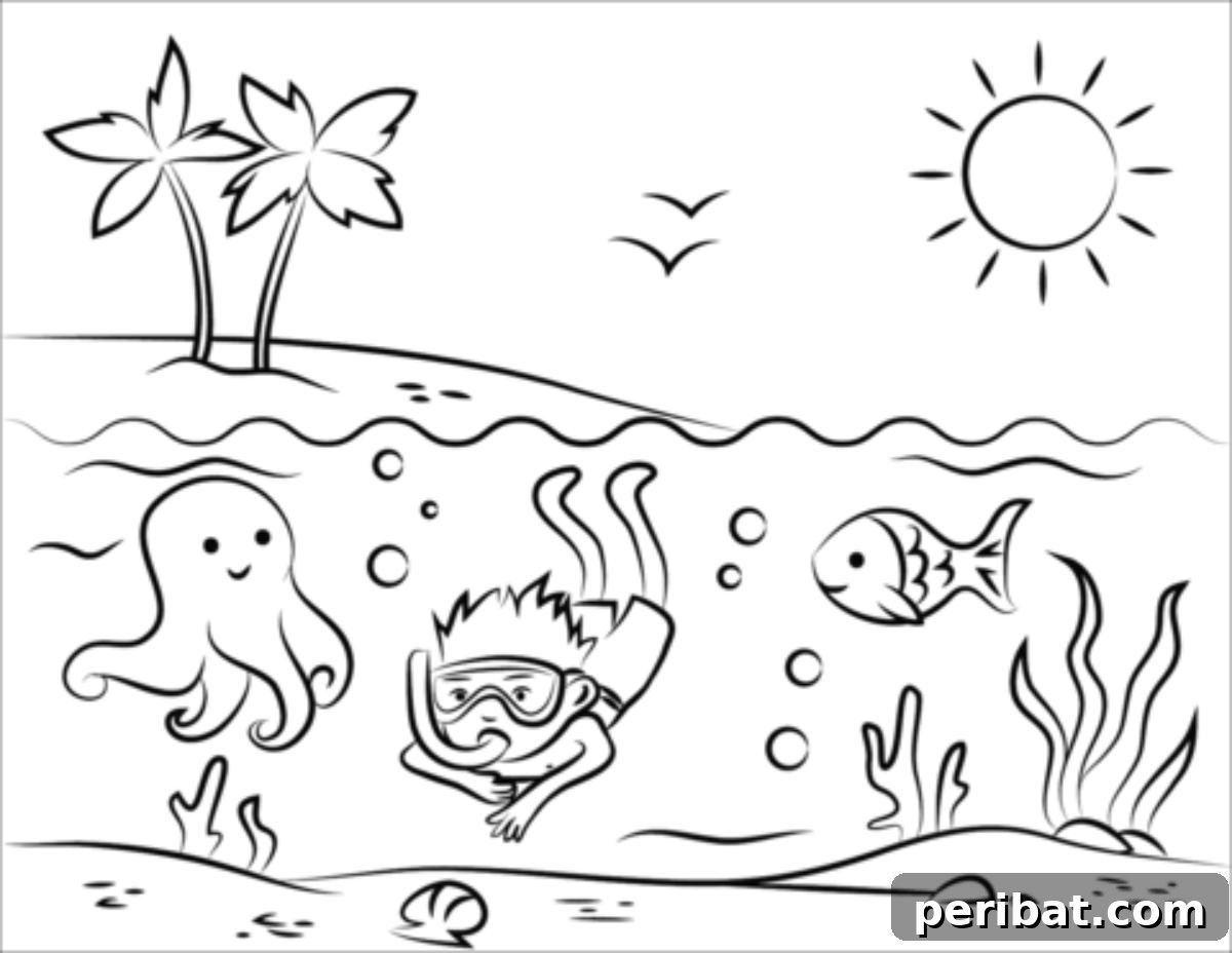 Splash into Summer: 40 Free Printable Coloring Pages for Kids 4 Tropical Beach Coloring Page featuring palm trees, ocean, and beach items.