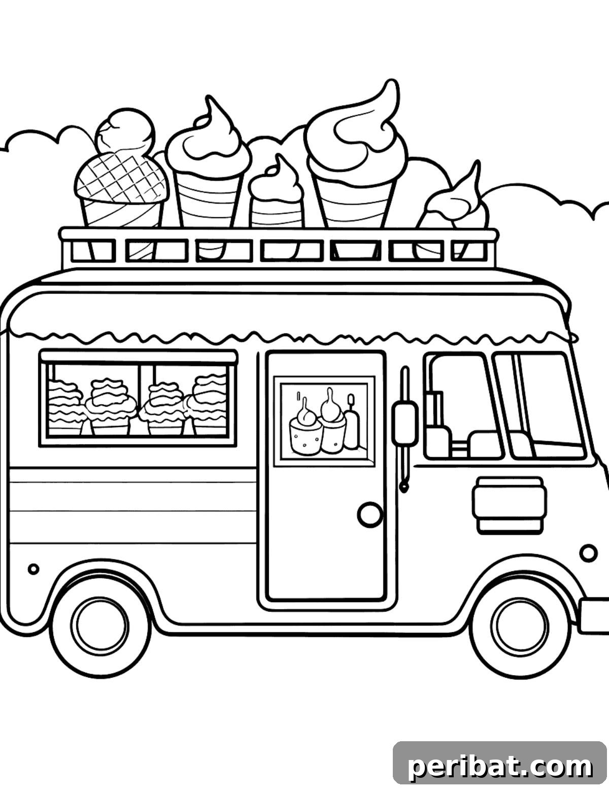 Splash into Summer: 40 Free Printable Coloring Pages for Kids 31 Ice Cream Truck Coloring Page with a classic ice cream truck.