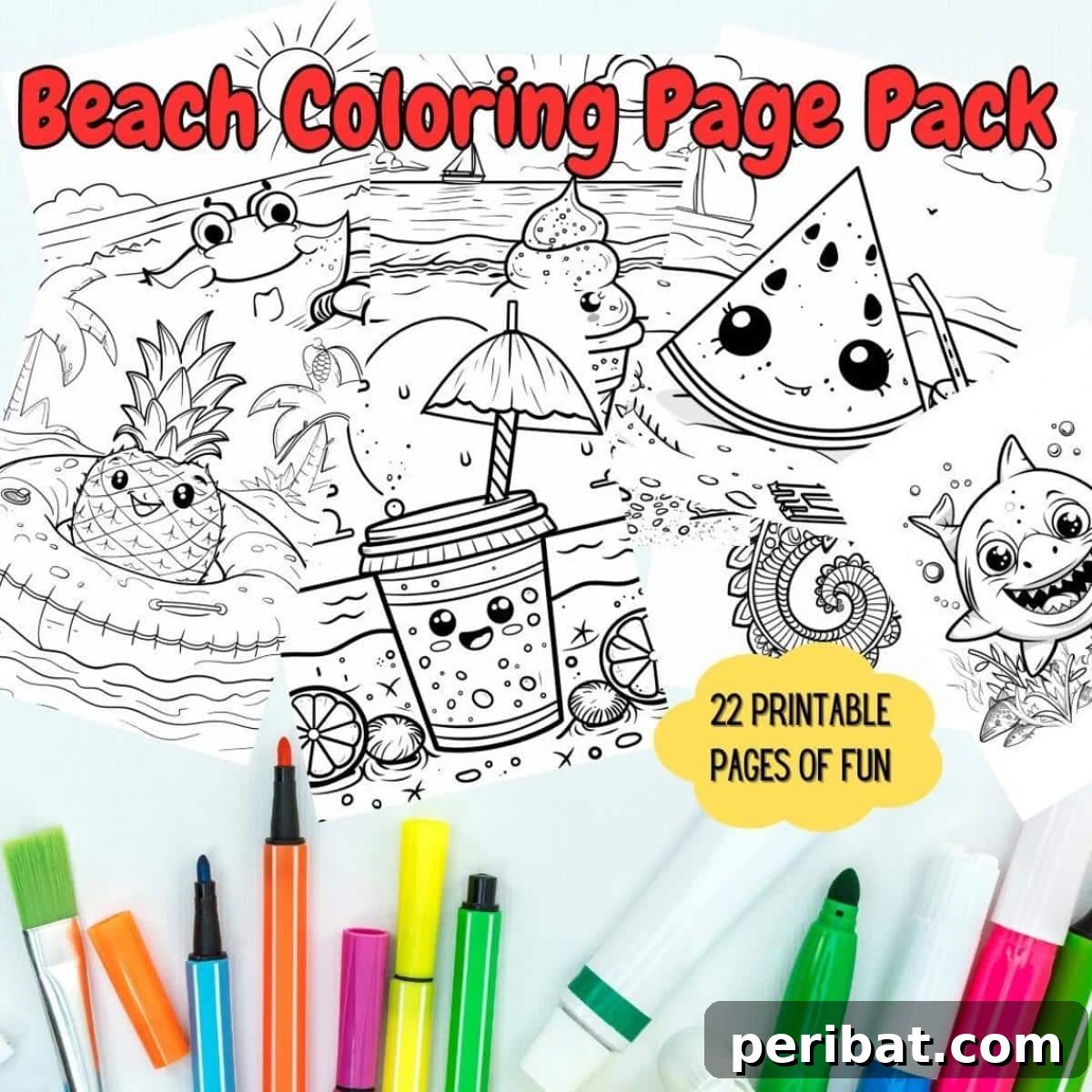 Splash into Summer: 40 Free Printable Coloring Pages for Kids 38 Beach Coloring Activity Pack for Kids with multiple beach-themed items.