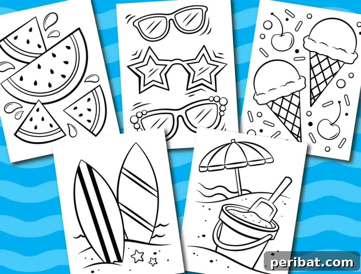 Splash into Summer: 40 Free Printable Coloring Pages for Kids 40 Summer Fun Coloring Page Set featuring diverse summer activities.