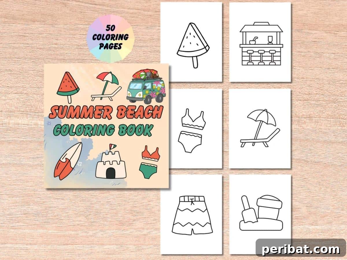 Splash into Summer: 40 Free Printable Coloring Pages for Kids 42 Summer Beach Coloring Book cover with a colorful beach scene.