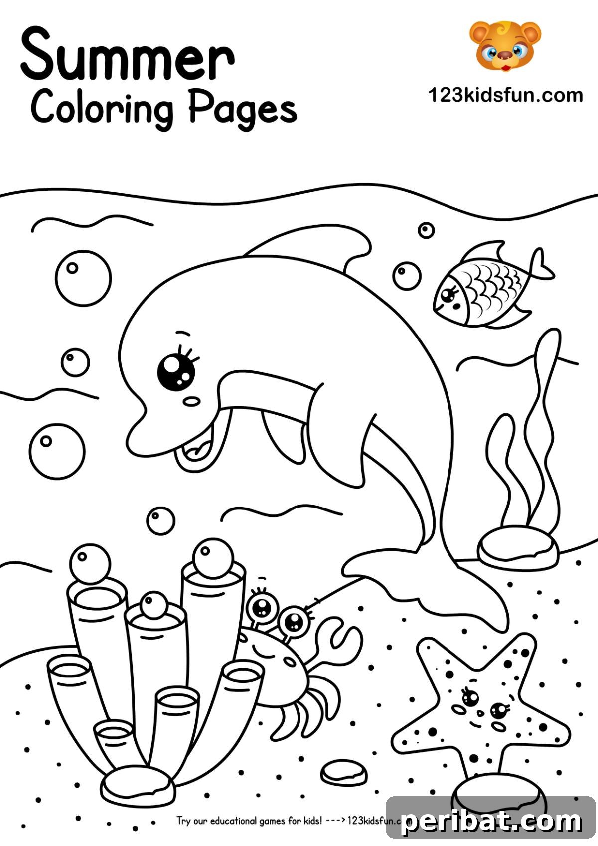 Splash into Summer: 40 Free Printable Coloring Pages for Kids 9 Dolphin and Ocean Life Coloring Page with dolphins and fish.