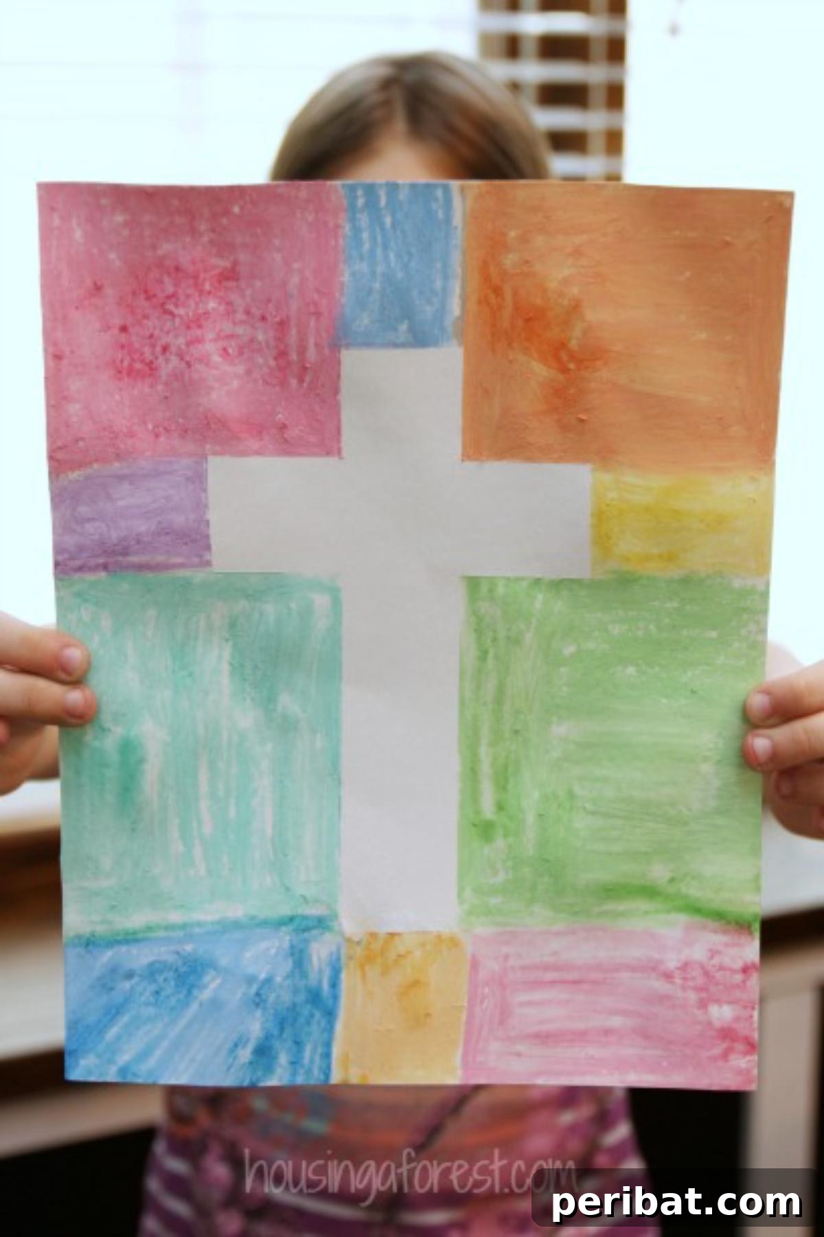 Kids' easy cross craft using sidewalk chalk as vibrant paint.