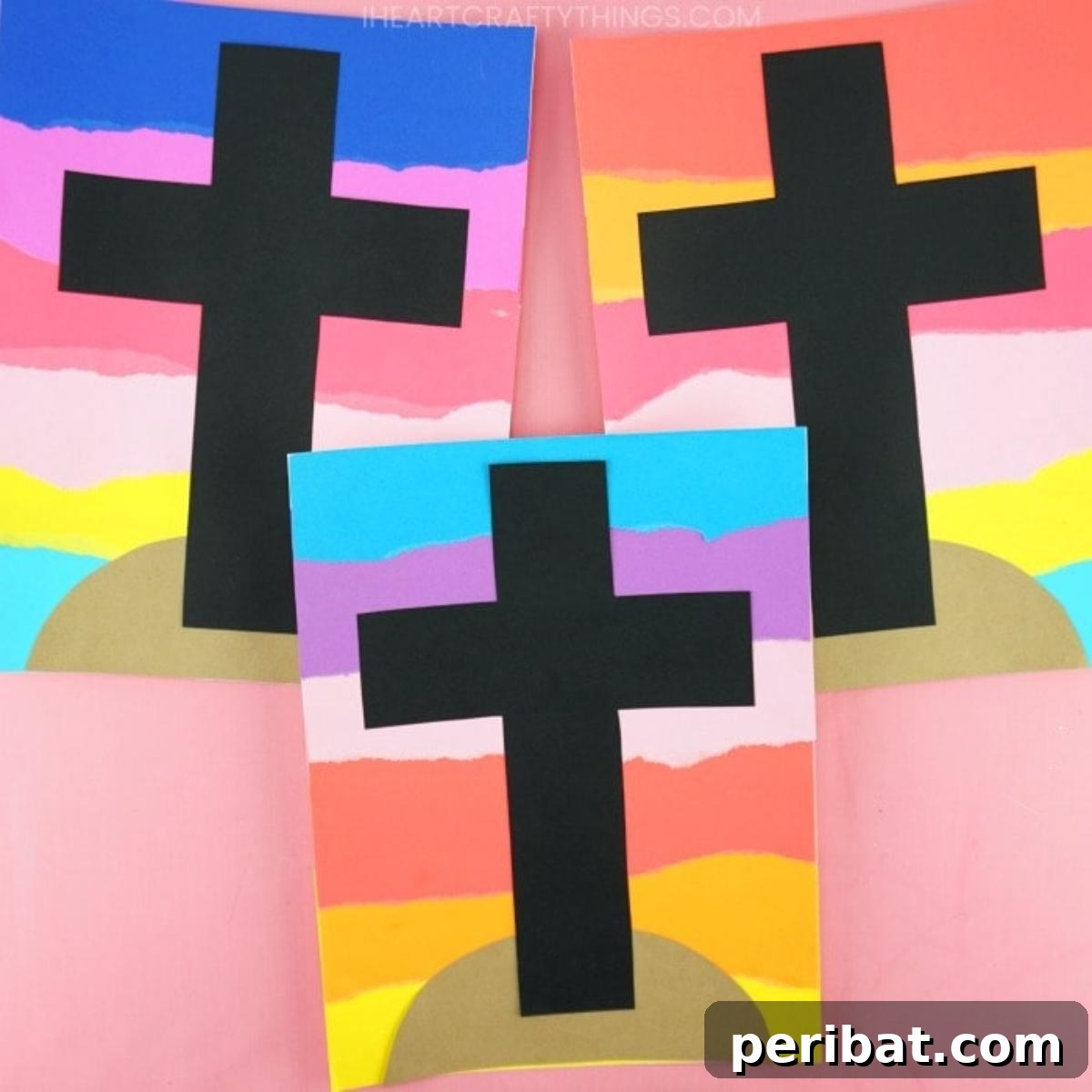 Easter cross craft with a vibrant sunset backdrop created by kids.