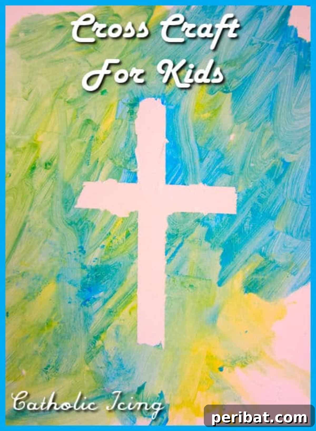 Colorful cross craft made by preschoolers using paint and paper.
