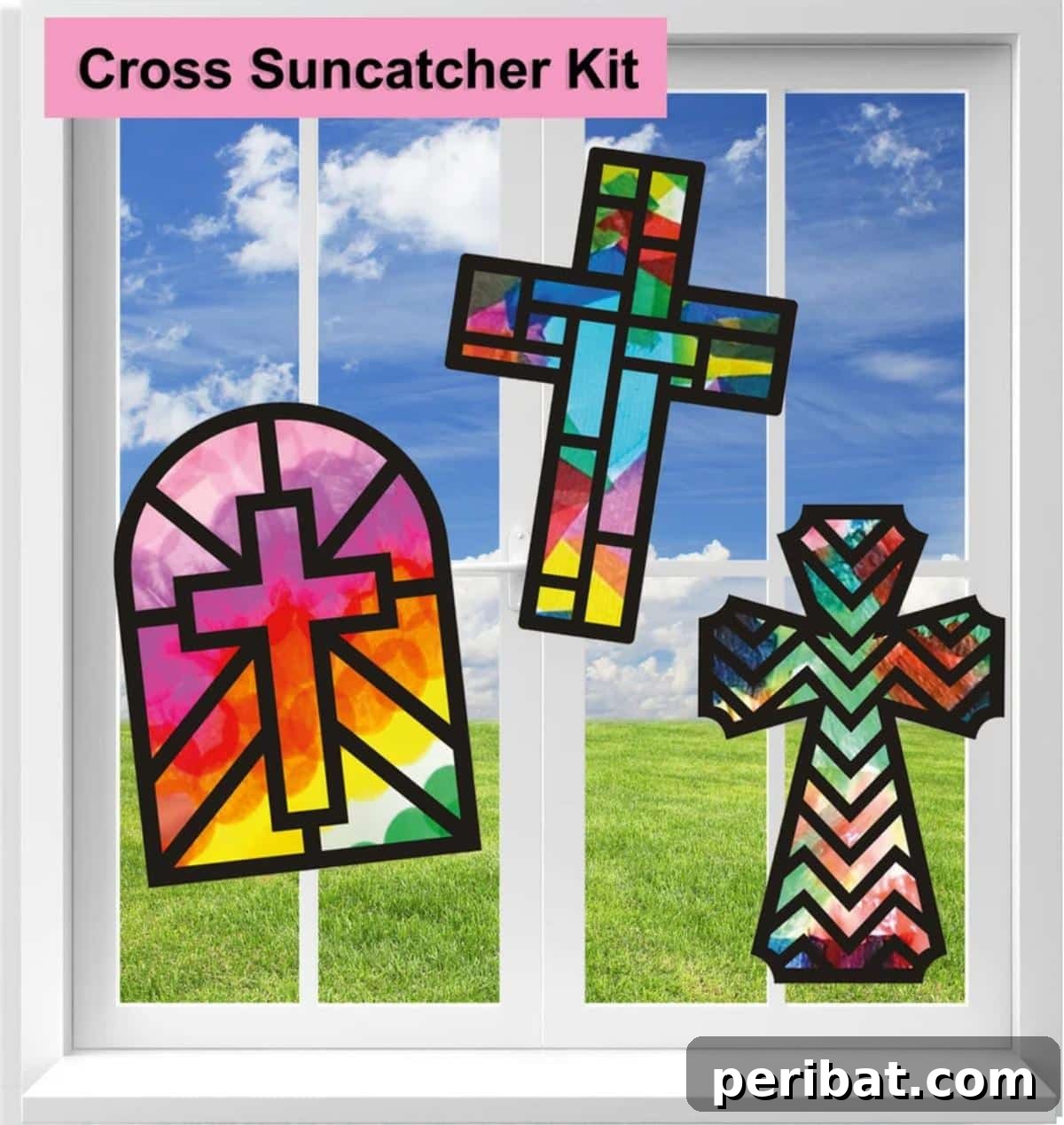 A vibrant cross suncatcher craft kit with pre-cut shapes and adhesive sheets.