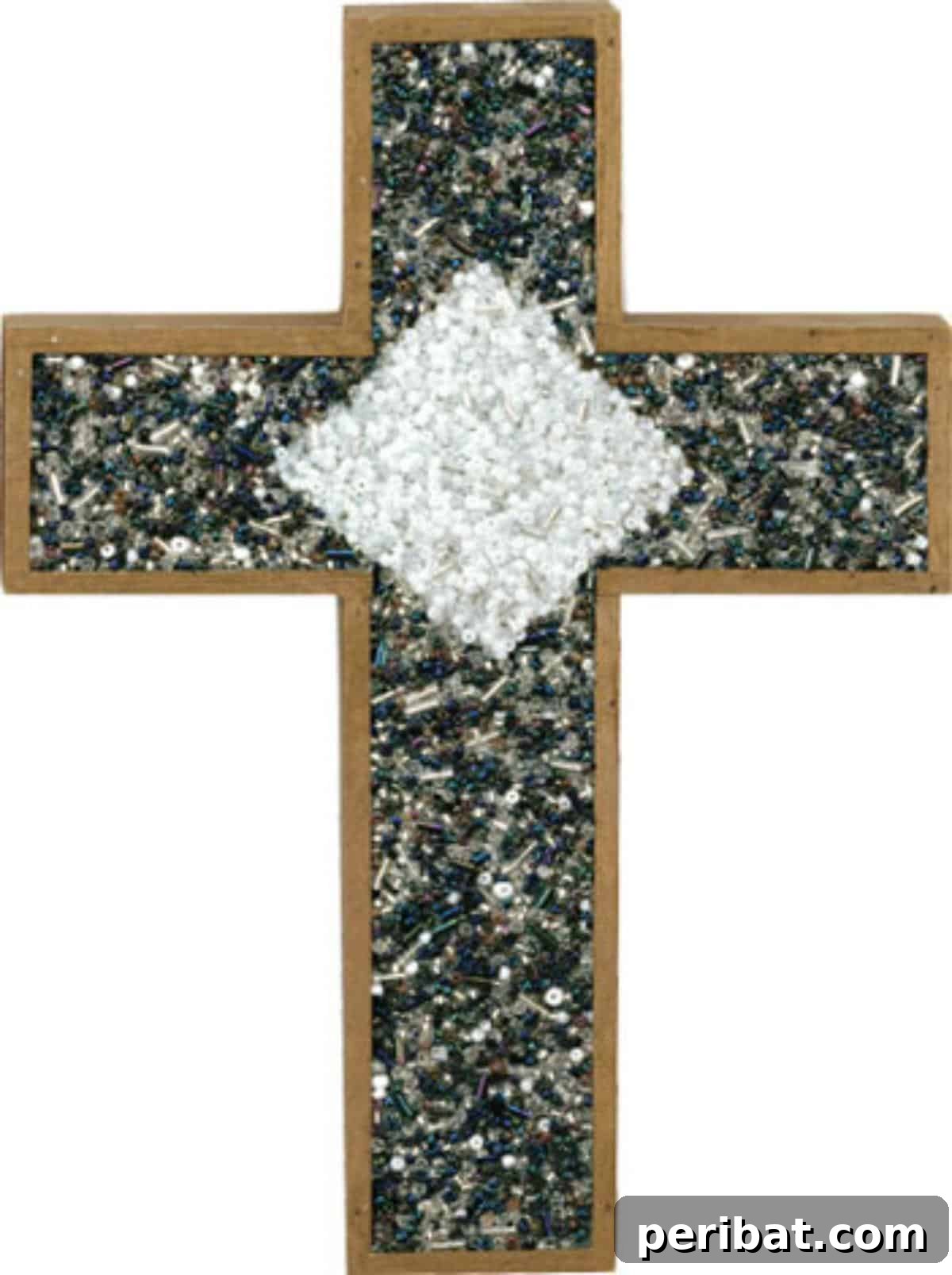 A wooden cross embellished with colorful beads and metallic paint.
