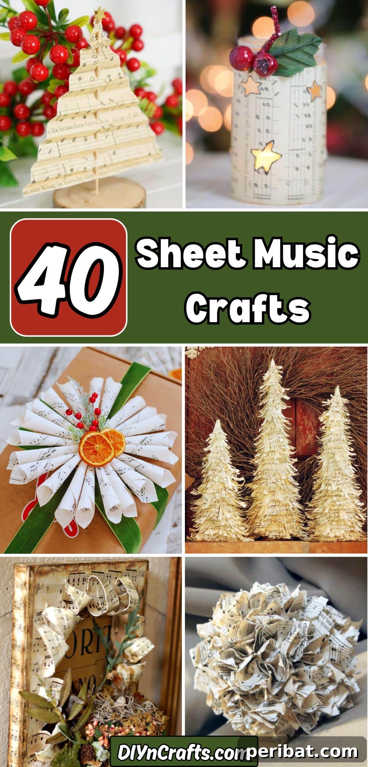 Crafting Melodies 40 Sheet Music Projects 2 A vibrant collage showcasing 40 diverse sheet music craft ideas, from elegant home decor to festive holiday ornaments.