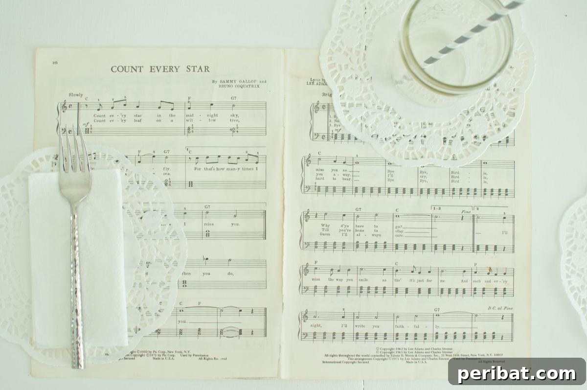 Crafting Melodies 40 Sheet Music Projects 14 DIY sheet music placemats set on a table, adding a musical touch to dining.