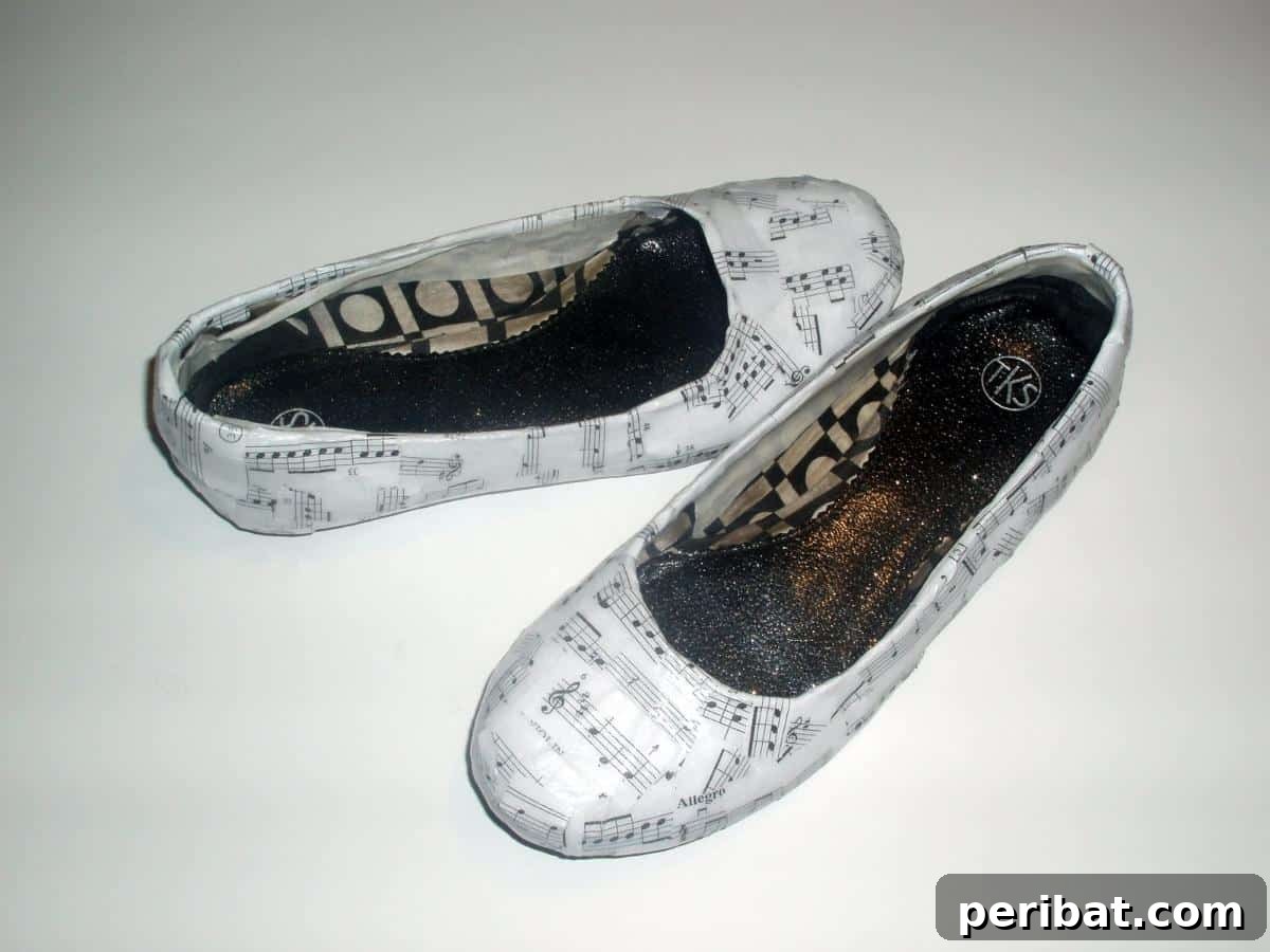 Crafting Melodies 40 Sheet Music Projects 17 A pair of shoes creatively decoupaged with sheet music, transforming footwear into art.
