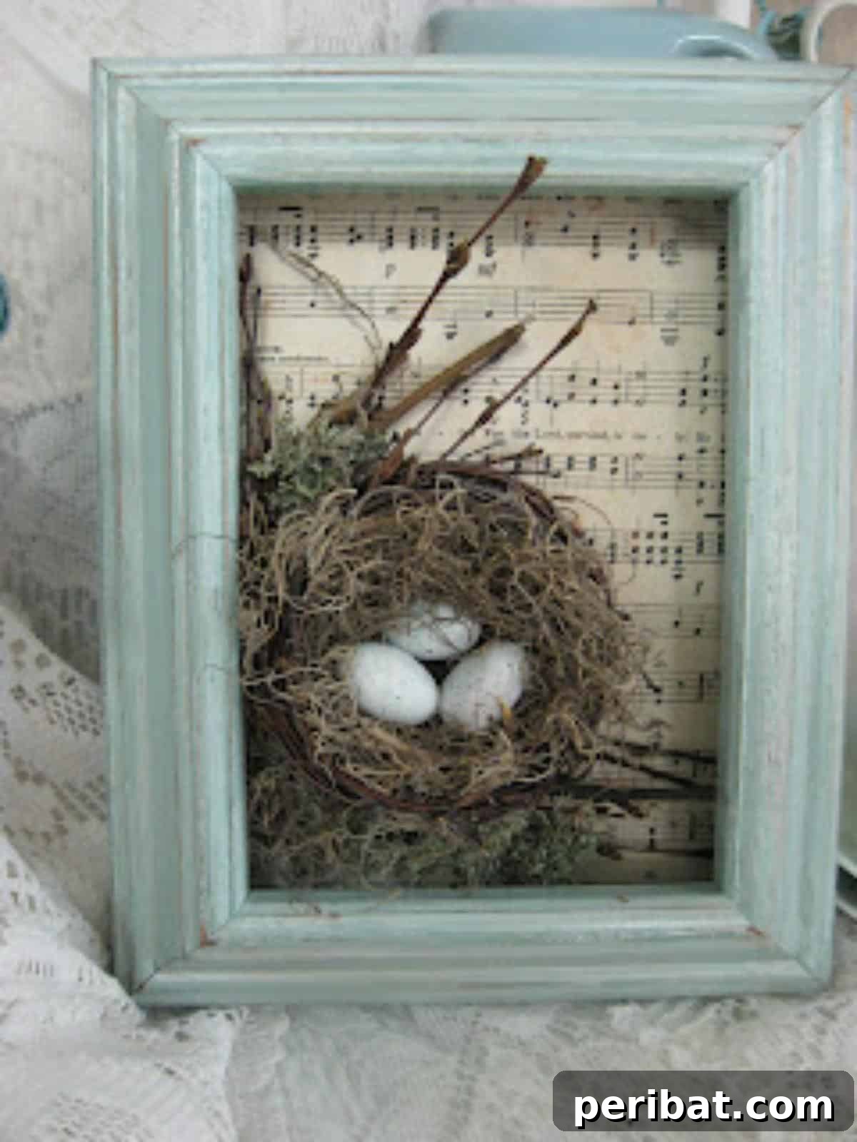 Crafting Melodies 40 Sheet Music Projects 24 A charming decorative bird's nest made from shredded sheet music, adorned with small eggs.
