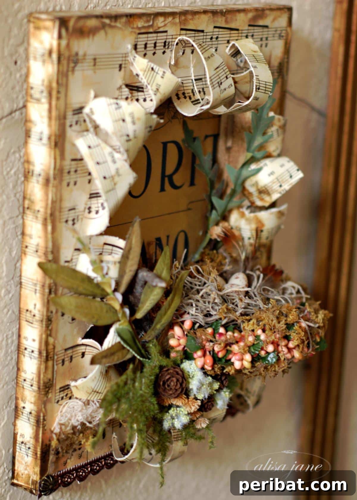 Crafting Melodies 40 Sheet Music Projects 27 A decorative wall frame featuring sheet music as a background for various keepsakes.
