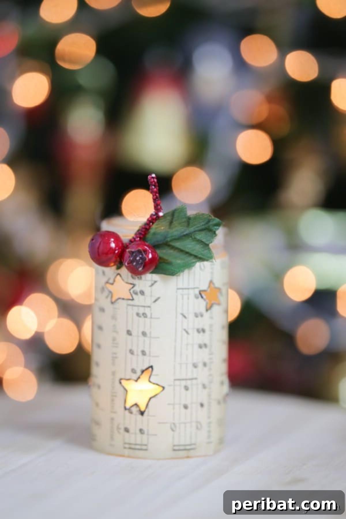 Crafting Melodies 40 Sheet Music Projects 4 A rustic DIY lantern fashioned from old sheet music, glowing with a warm light, perfect for Christmas decoration.