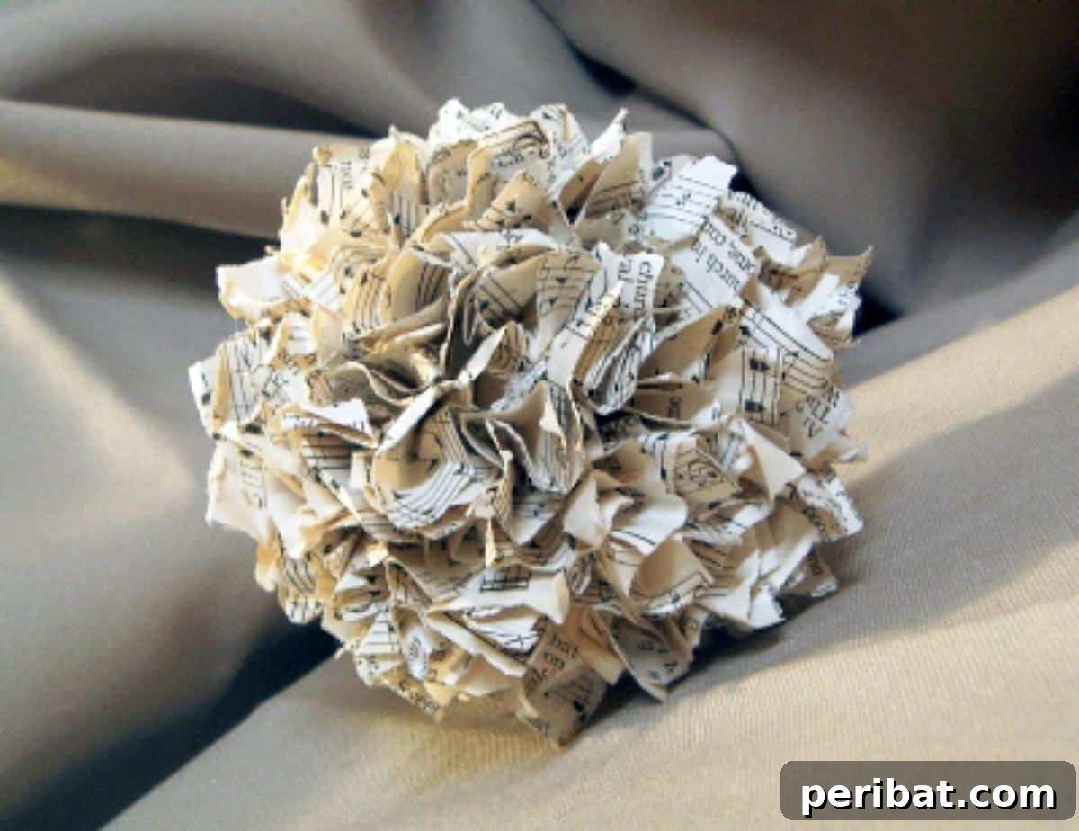 Crafting Melodies 40 Sheet Music Projects 33 Decorative balls crafted from sheet music, arranged with a romantic
