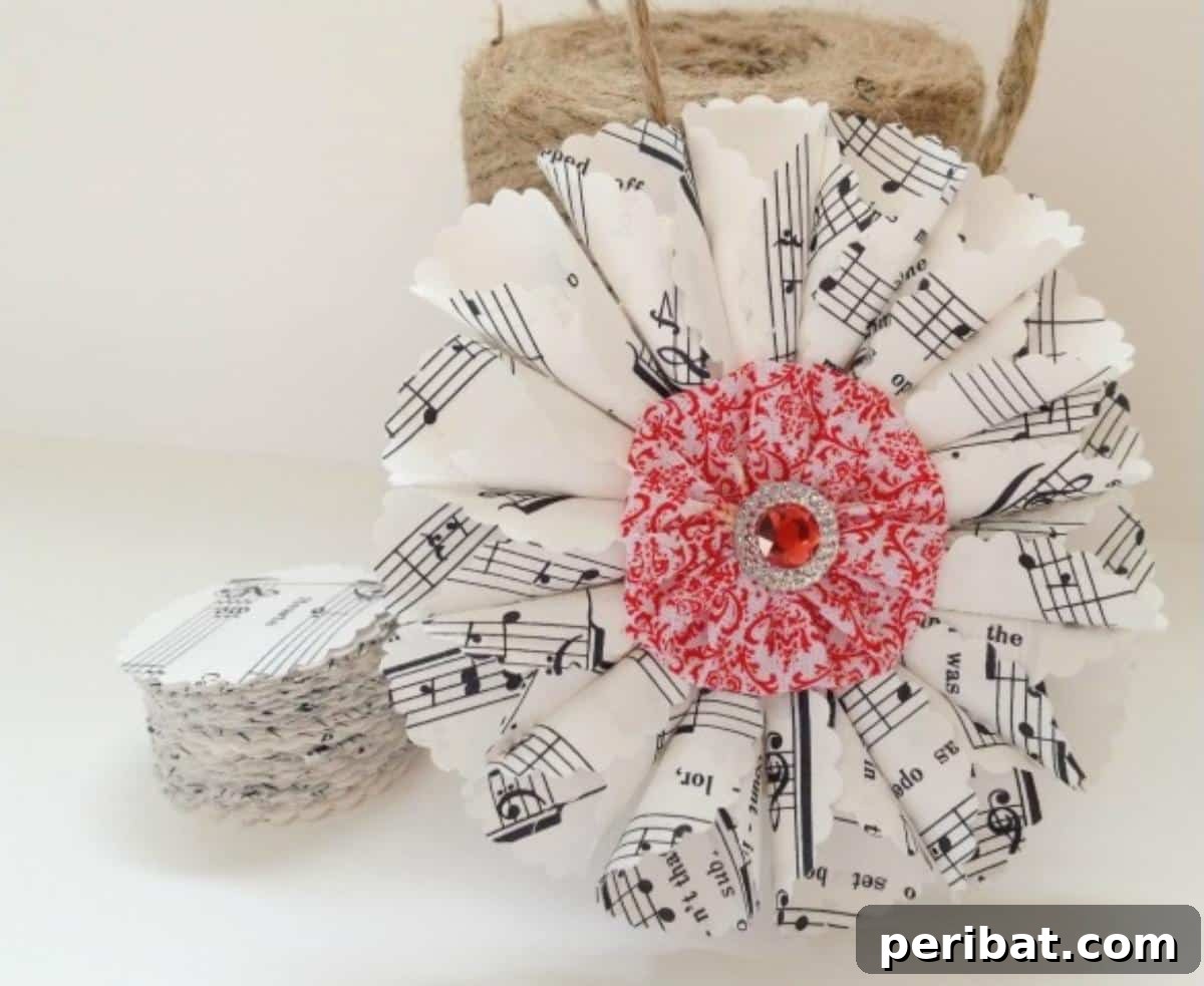 Crafting Melodies 40 Sheet Music Projects 34 A collection of charming DIY vintage sheet music Christmas ornaments, hanging on a tree.