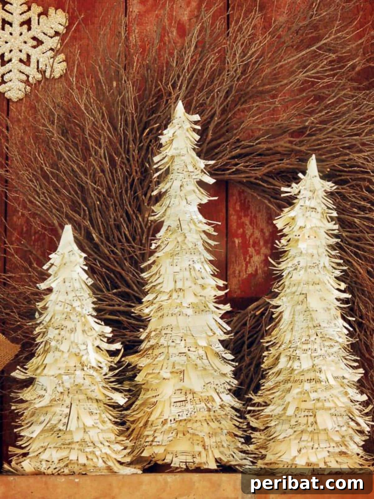 Crafting Melodies 40 Sheet Music Projects 36 A cluster of charming sheet music Christmas trees, crafted from folded musical paper.