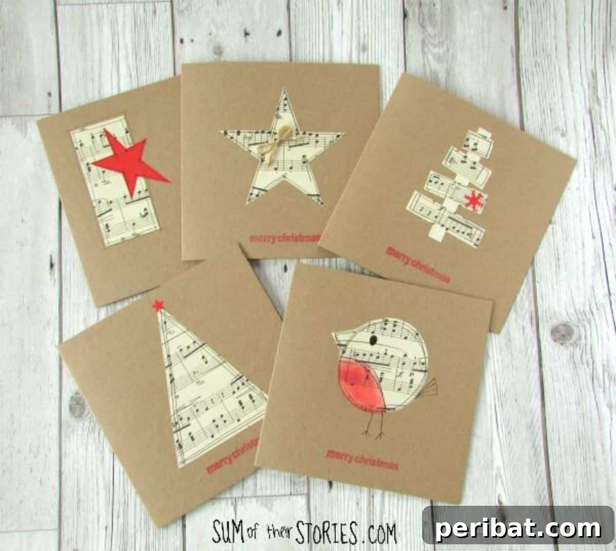 Crafting Melodies 40 Sheet Music Projects 37 A collection of handmade sheet music Christmas cards, each with unique embellishments.