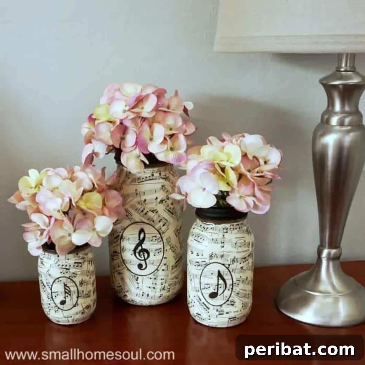 Crafting Melodies 40 Sheet Music Projects 6 A collection of easy DIY Mason jar vases wrapped in sheet music, displaying fresh flowers.