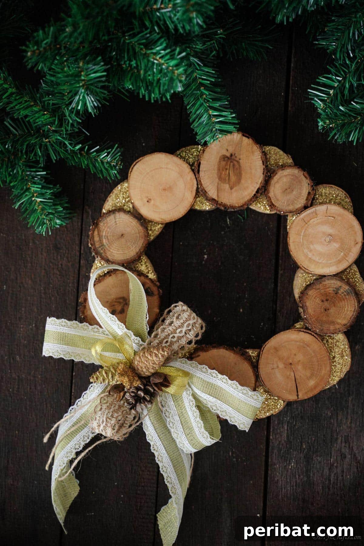 Rustic Wood Slice Door Wreath with Pinecones