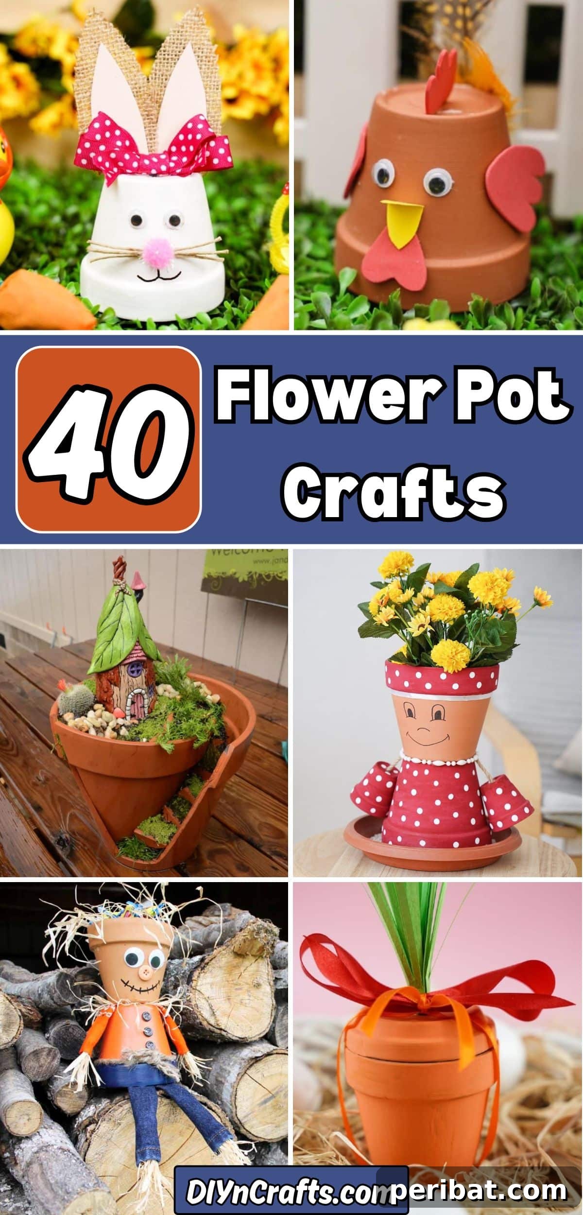 40 Creative Flower Pot Projects 2 A vibrant collage showcasing 40 unique and creative flower pot craft ideas for home and garden decoration.