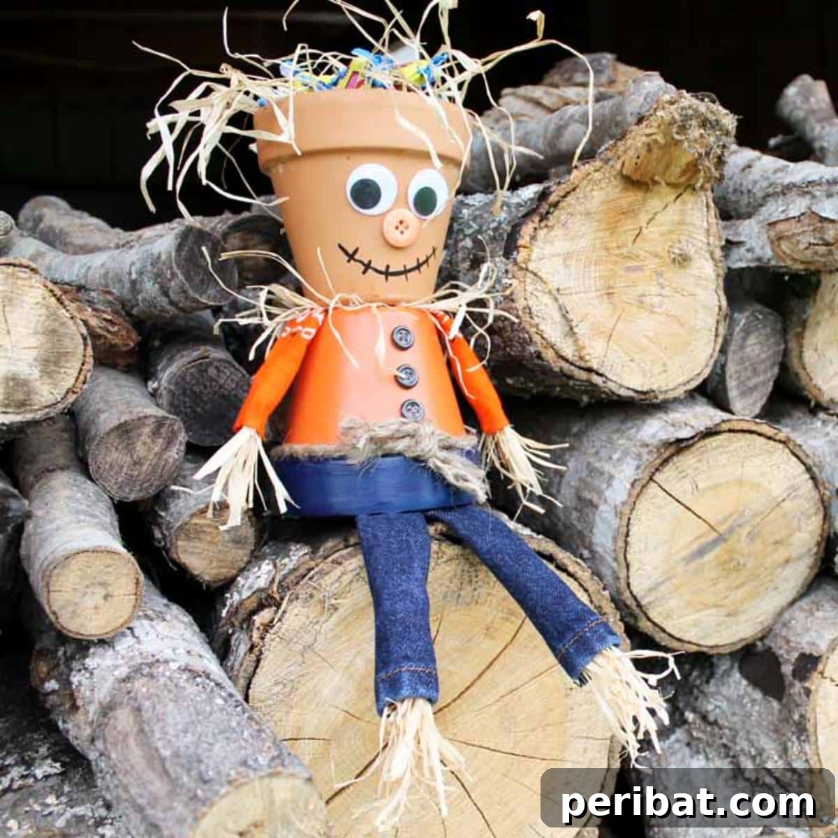 40 Creative Flower Pot Projects 18 A festive Halloween candy bowl transformed into a clay pot scarecrow, ready for treats and spooky decor.