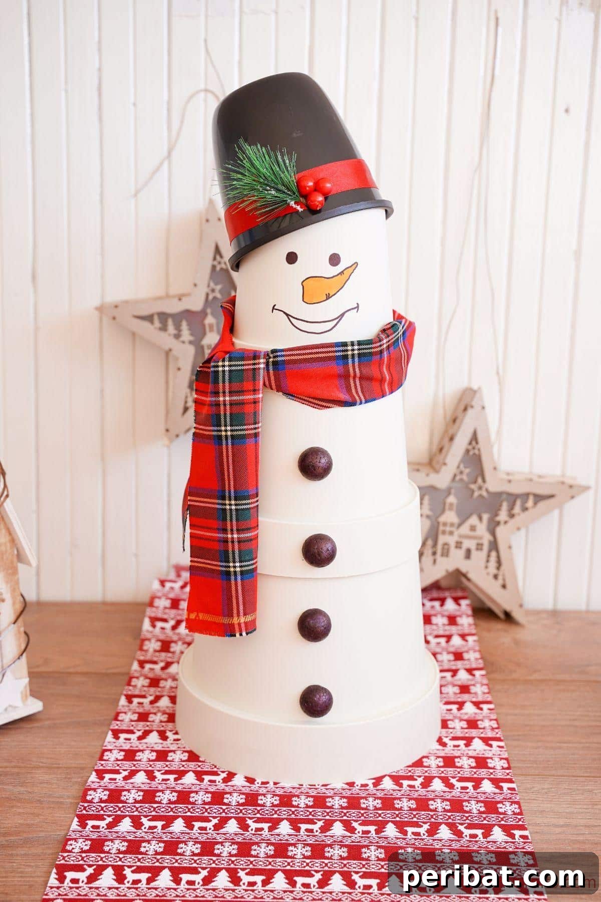 40 Creative Flower Pot Projects 3 A delightful DIY flower pot snowman crafted from stacked terracotta pots, perfect for winter porch decor.