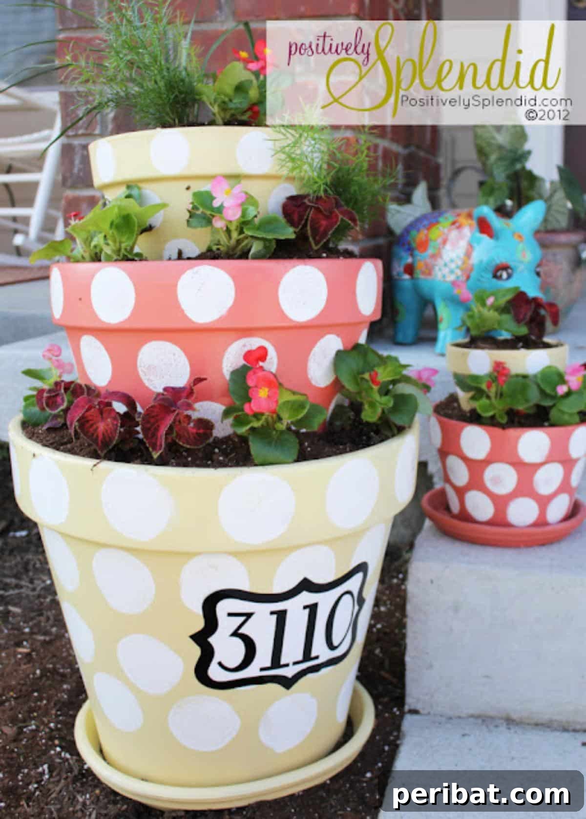40 Creative Flower Pot Projects 27 Charming polka-dotted tiered planters, ideal for creating a vibrant and space-saving vertical garden display.