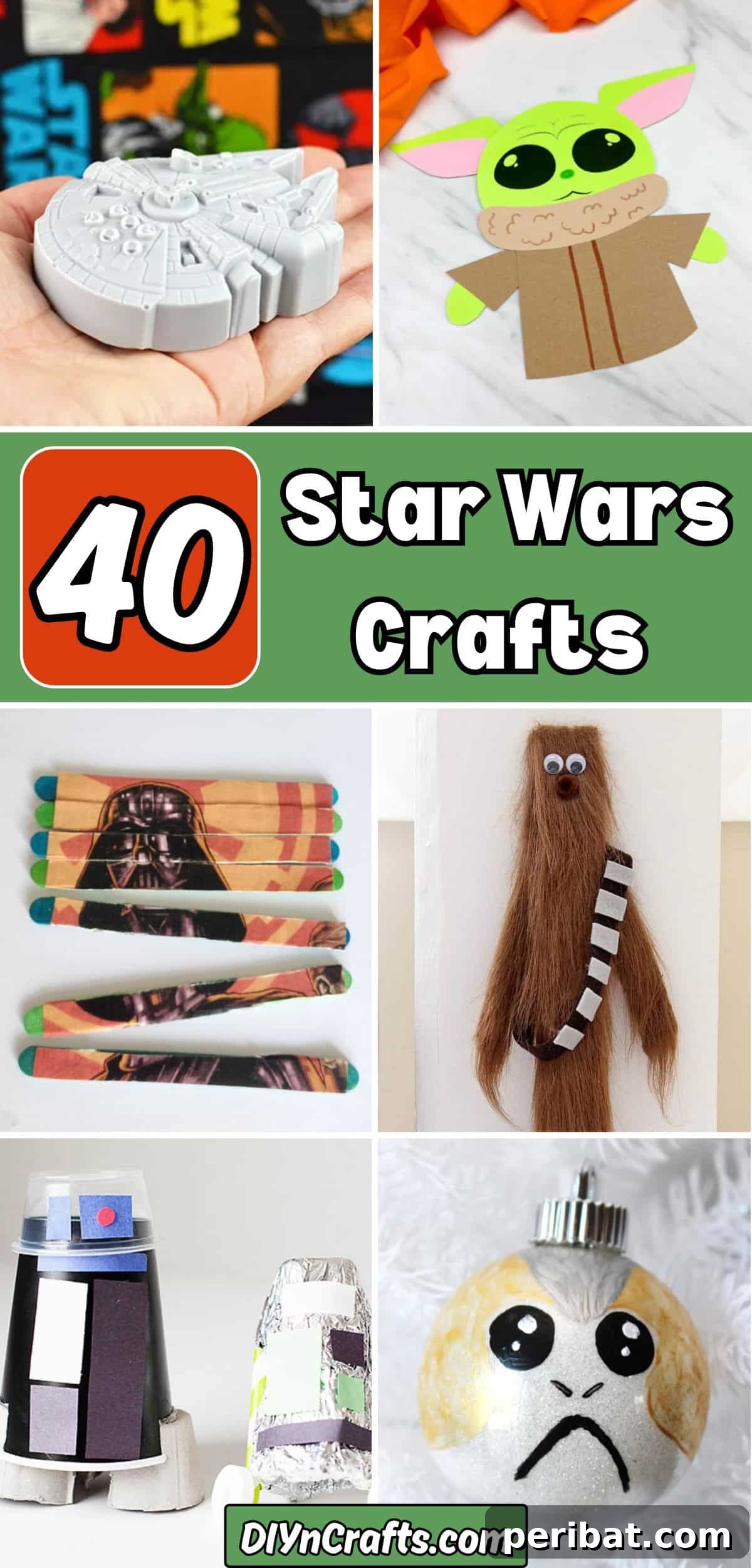 A collage of various Star Wars themed crafts including X-wings, droids, lightsabers, and characters made from everyday materials. Perfect for DIY projects and Star Wars fans.
