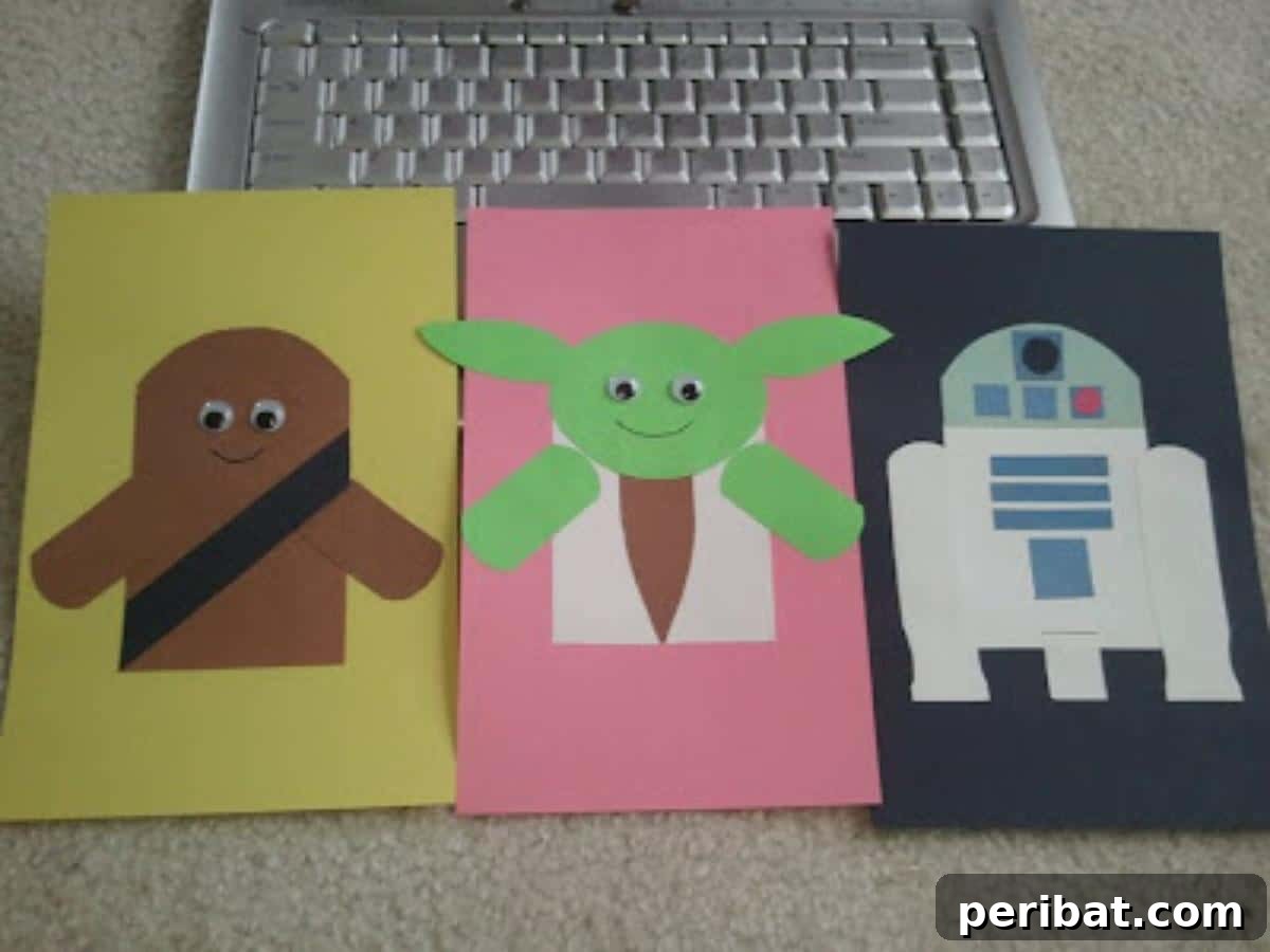 Handmade Star Wars greeting cards featuring simple character designs, ideal for various occasions.