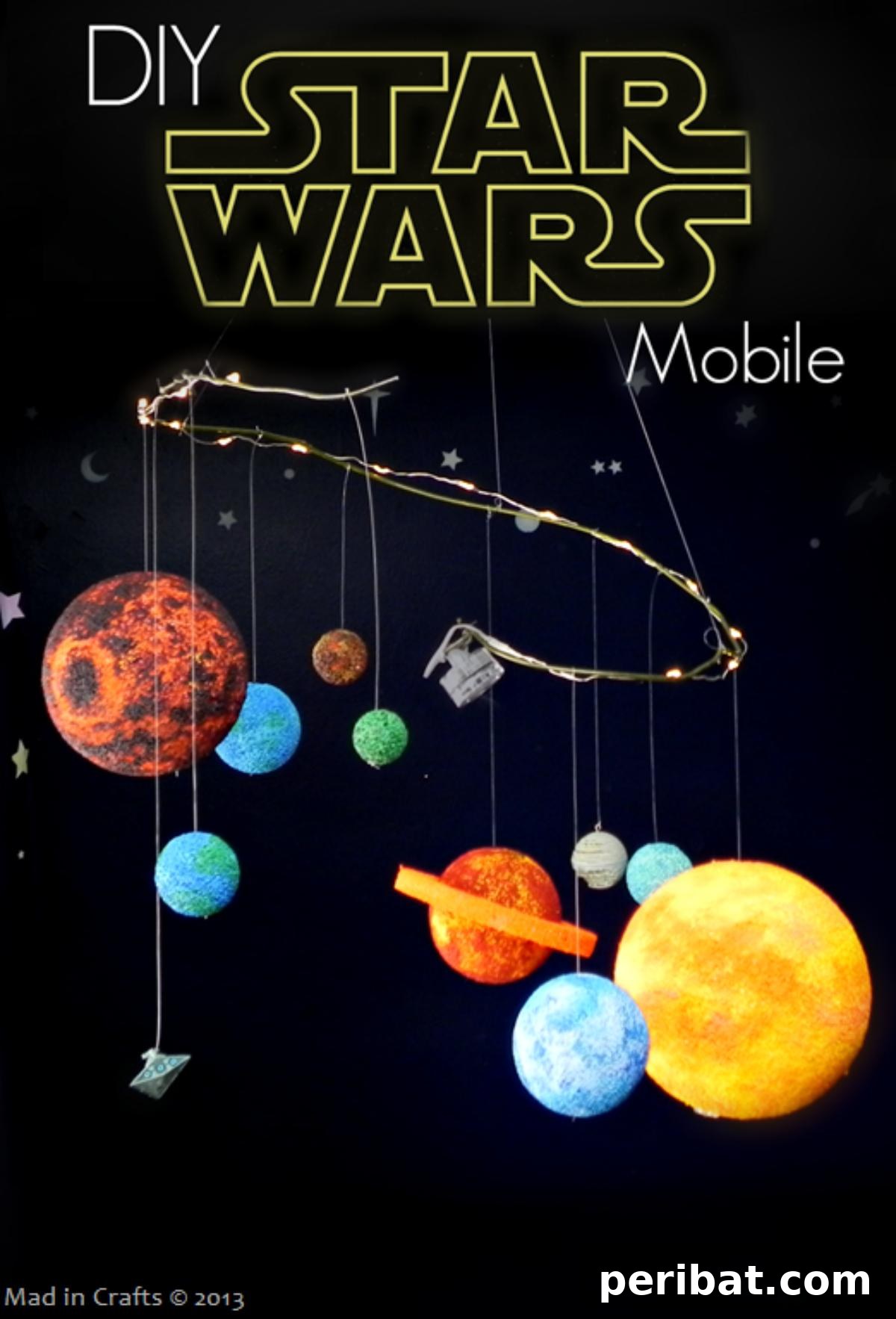 A DIY Star Wars planet mobile featuring spherical planets like Tatooine and Hoth, hanging from above.