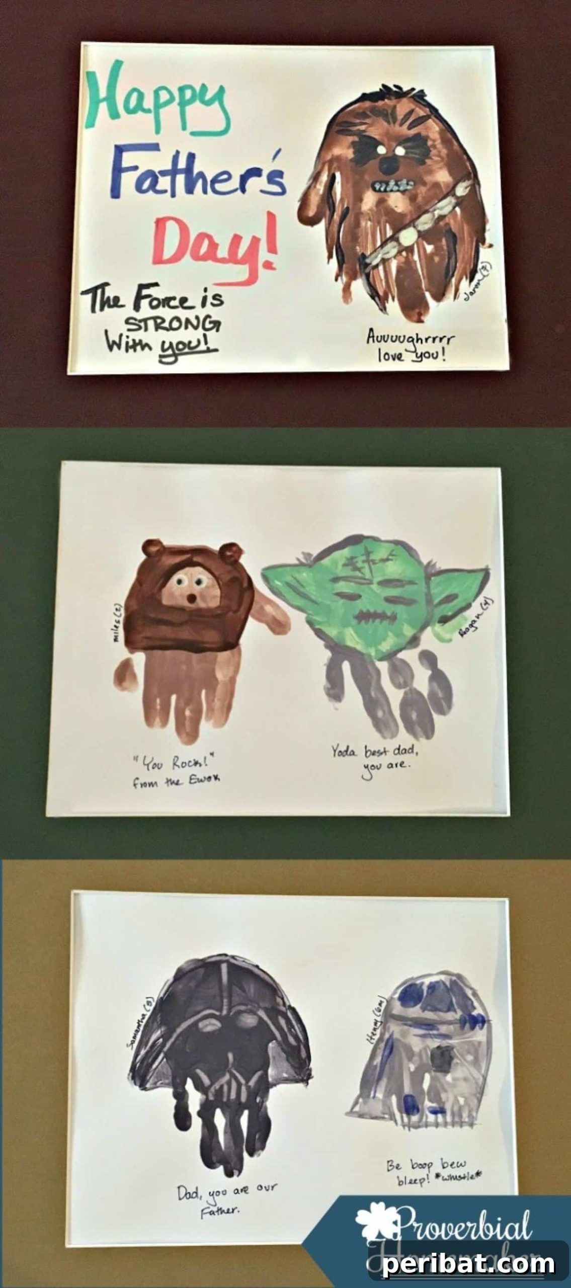 Father's Day artwork featuring children's handprints transformed into Star Wars characters like Darth Vader and Yoda.